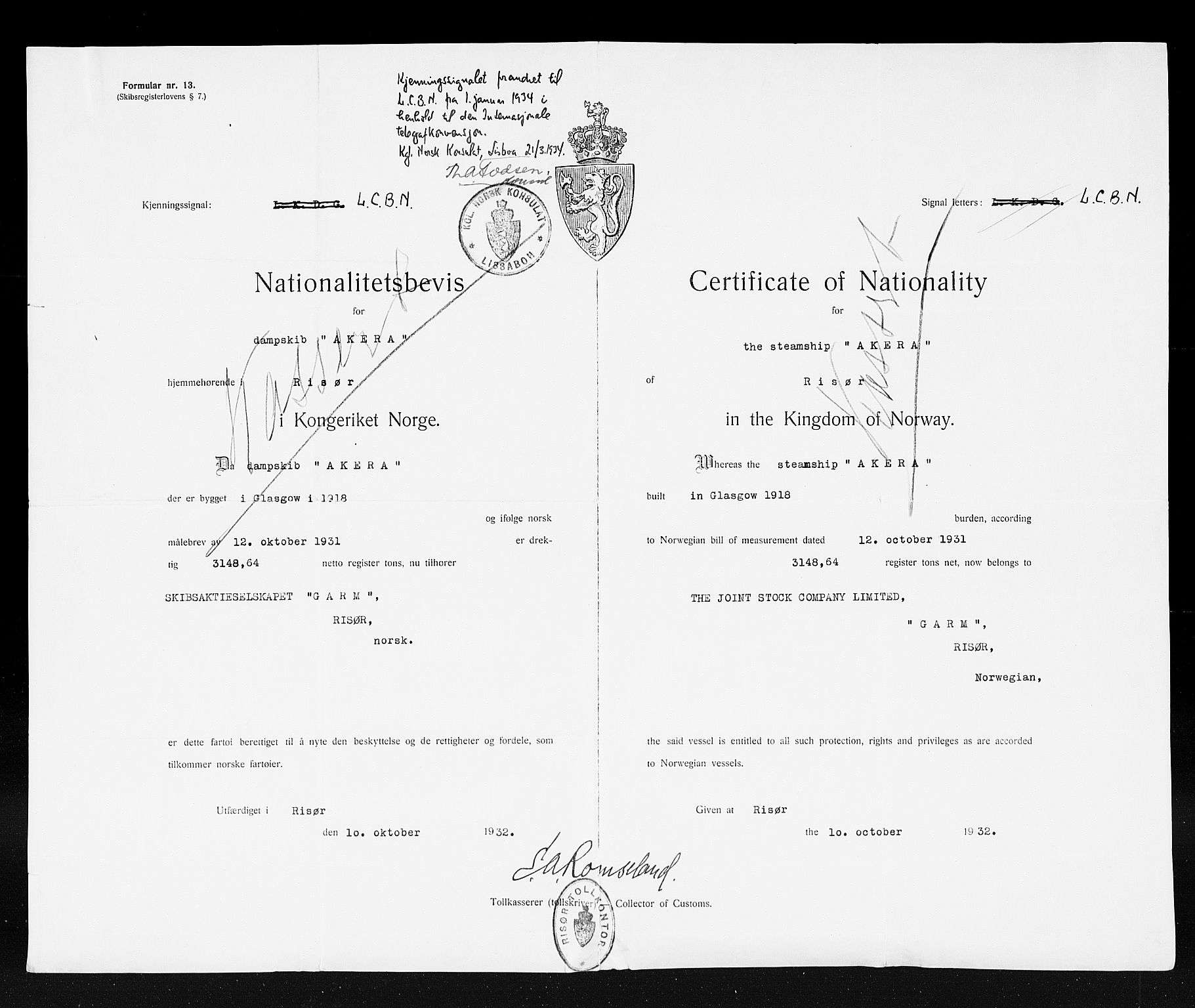 Risør tollsted, SAK/1351-0010/H/Ha/L0320: Skipsregisteret. Journalsaker, 1861-1957, p. 303