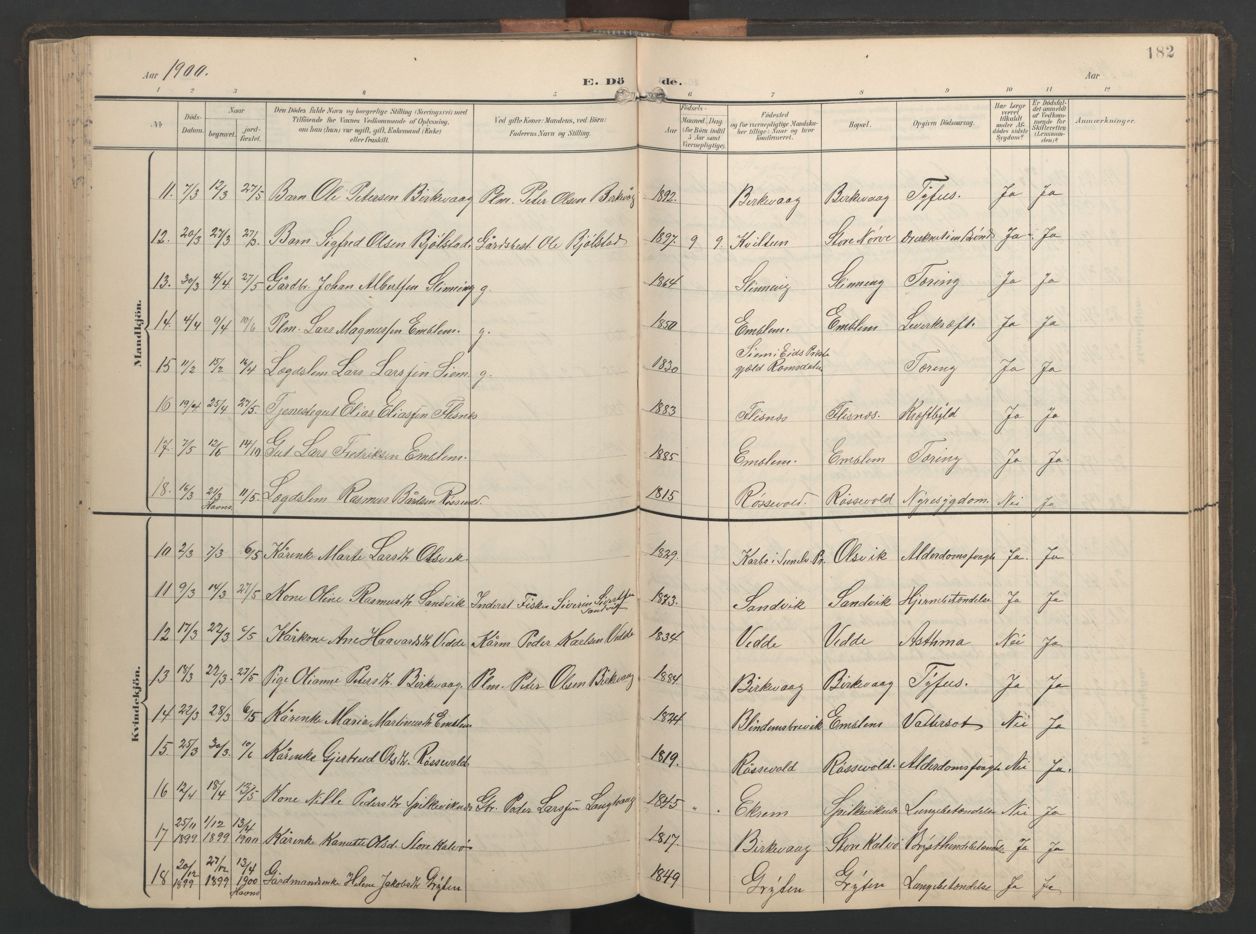 Ministerialprotokoller, klokkerbøker og fødselsregistre - Møre og Romsdal, AV/SAT-A-1454/528/L0433: Parish register (copy) no. 528C14, 1899-1922, p. 182