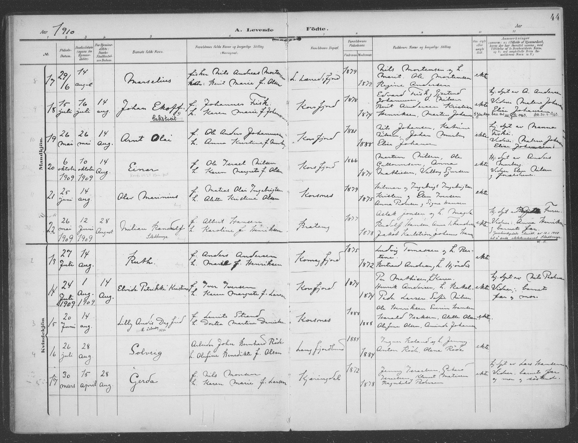 Talvik sokneprestkontor, SATØ/S-1337/H/Ha/L0017kirke: Parish register (official) no. 17, 1906-1915, p. 44