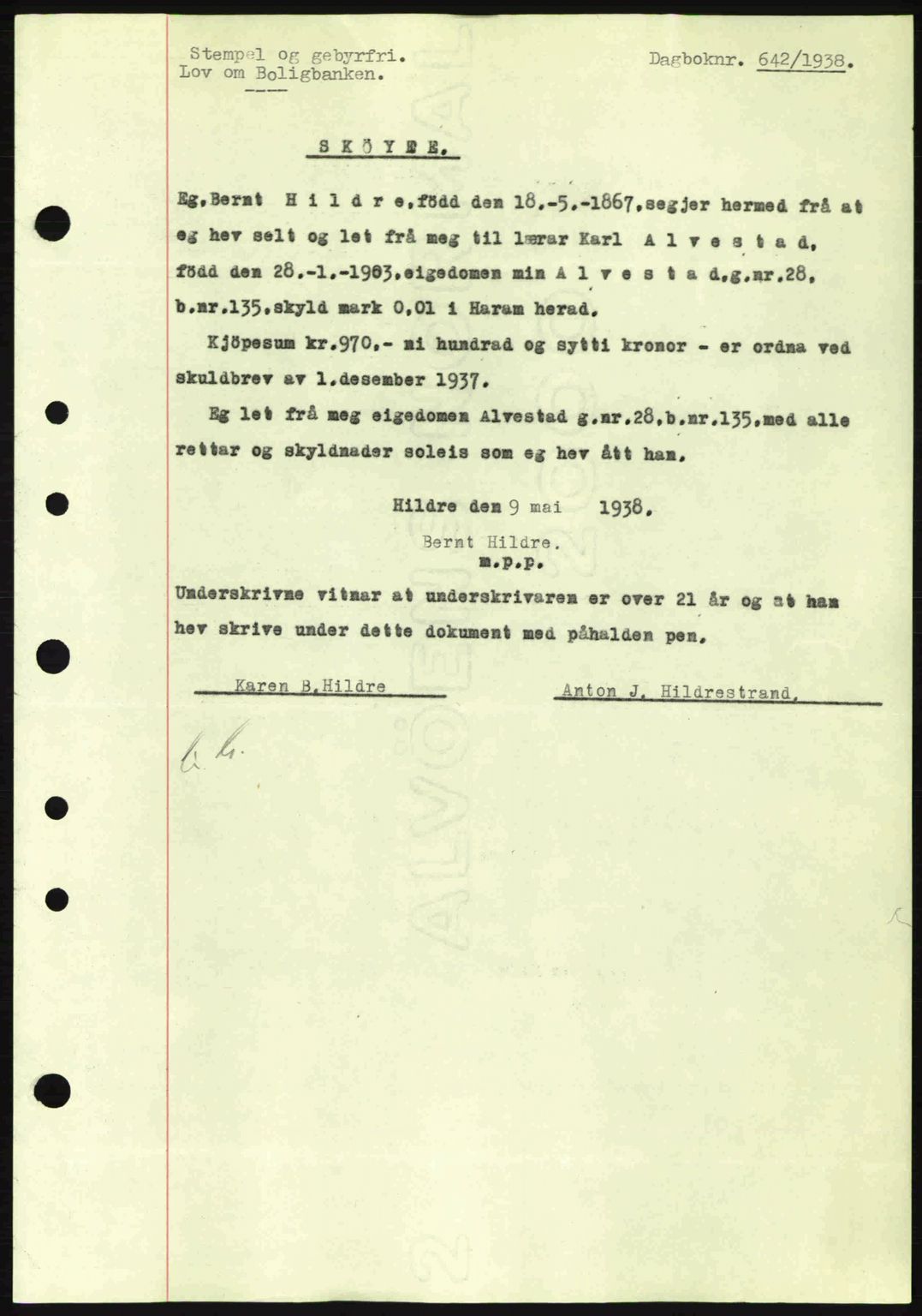 Nordre Sunnmøre sorenskriveri, AV/SAT-A-0006/1/2/2C/2Ca: Mortgage book no. A4, 1937-1938, Diary no: : 642/1938