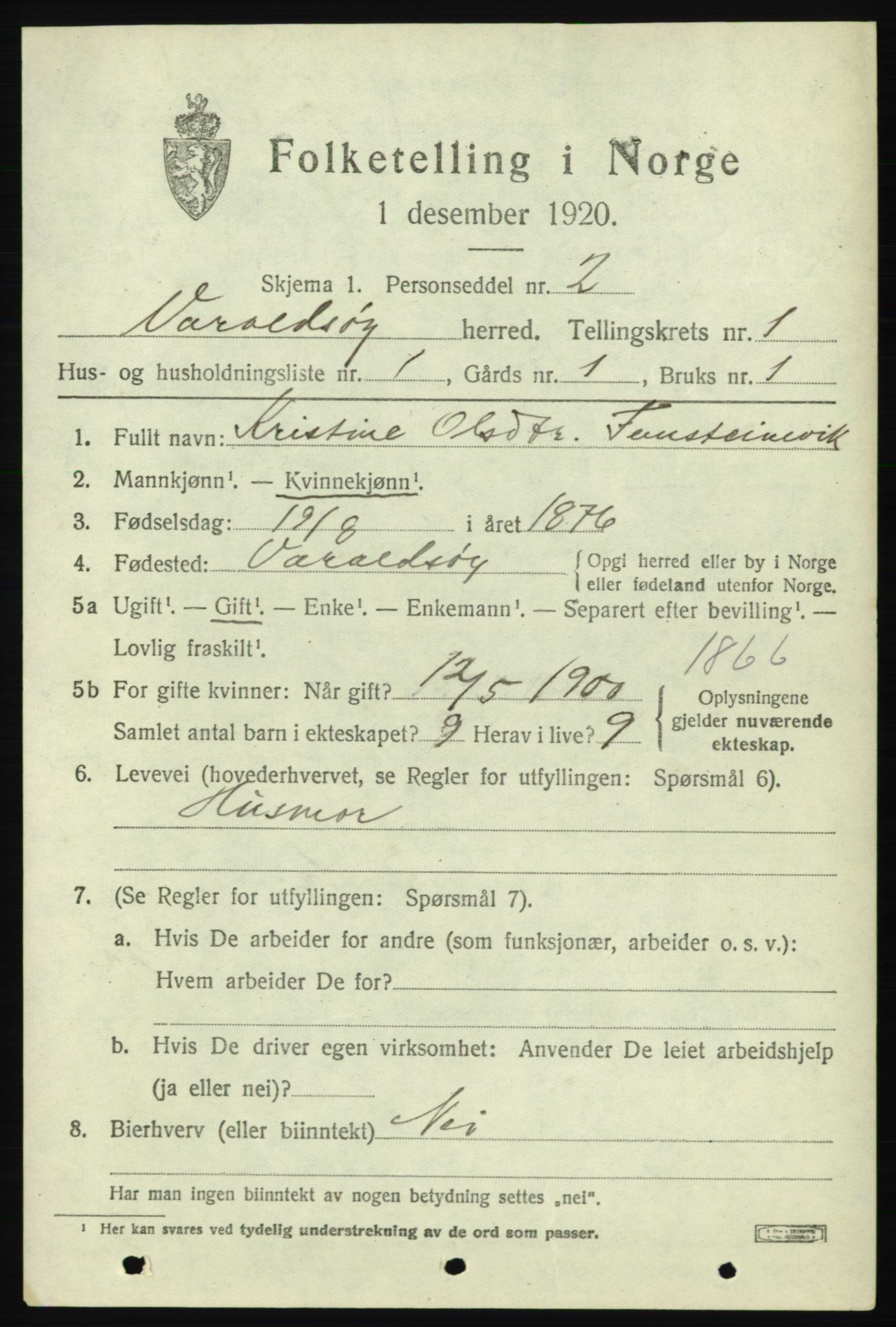 SAB, 1920 census for Varaldsøy, 1920, p. 601