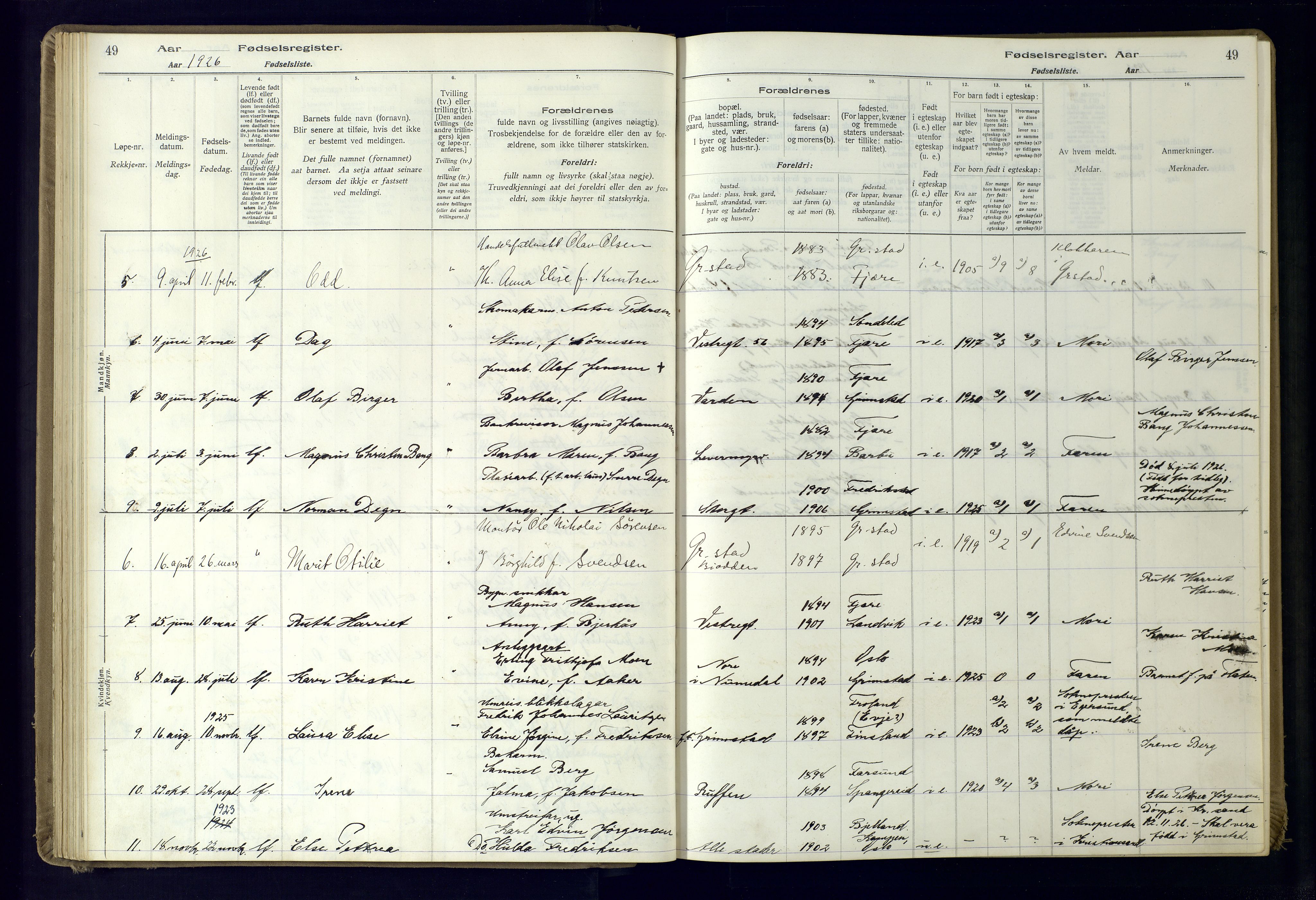 Grimstad sokneprestkontor, AV/SAK-1111-0017/J/Ja/L0001: Birth register no. 1, 1916-1960, p. 49