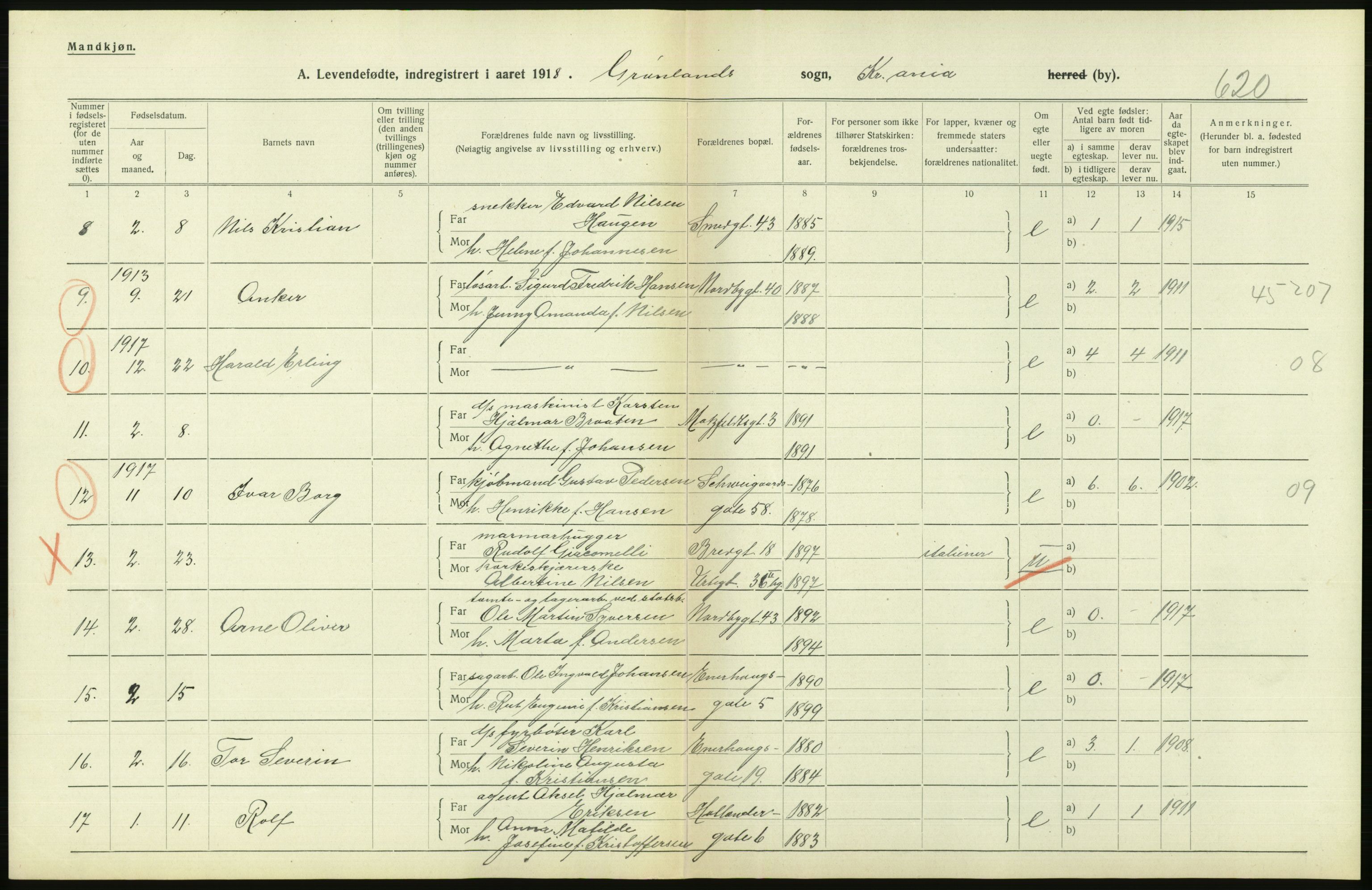 Statistisk sentralbyrå, Sosiodemografiske emner, Befolkning, AV/RA-S-2228/D/Df/Dfb/Dfbh/L0008: Kristiania: Levendefødte menn og kvinner., 1918, p. 752