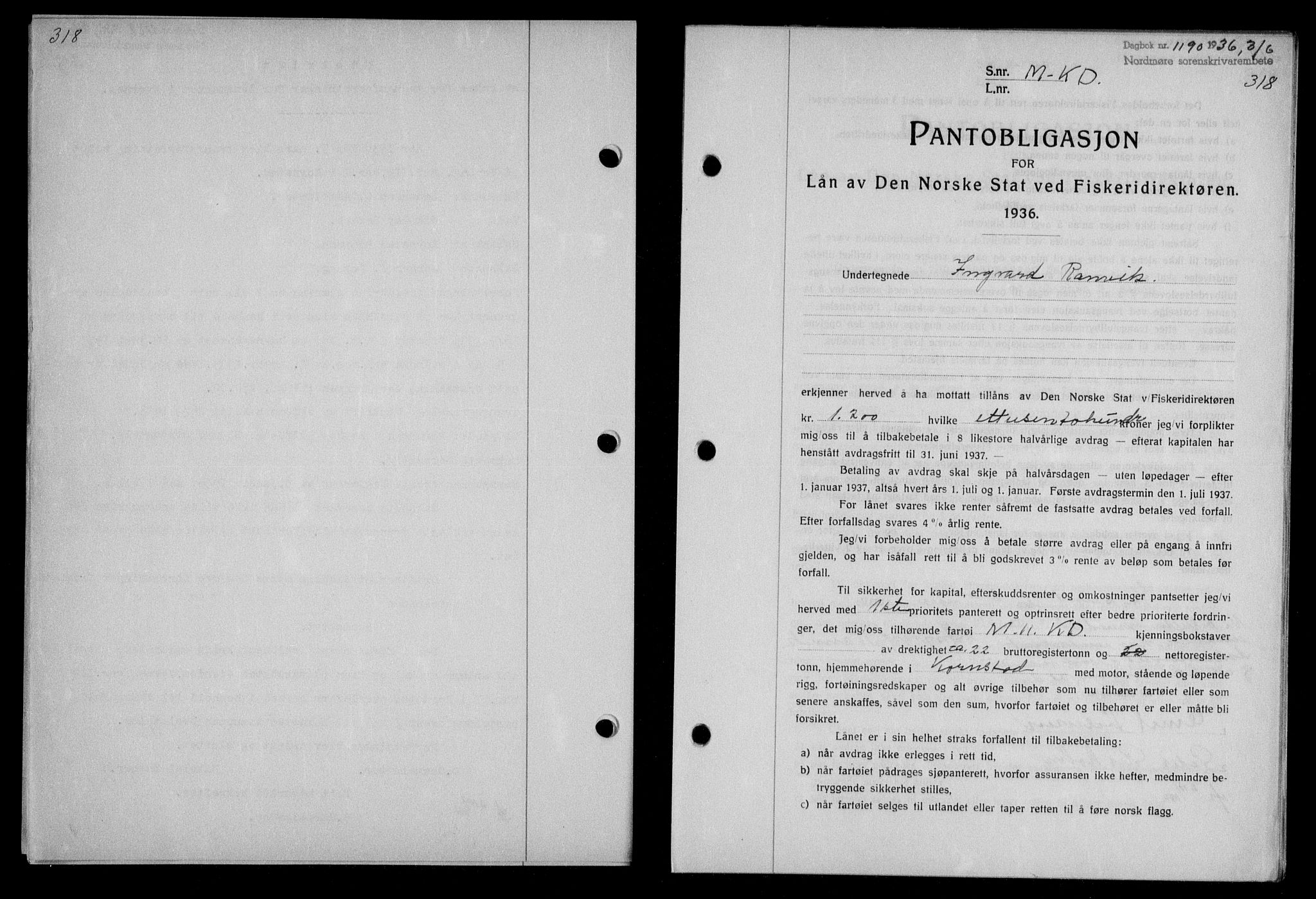 Nordmøre sorenskriveri, AV/SAT-A-4132/1/2/2Ca/L0088: Mortgage book no. 78, 1936-1936, Diary no: : 1190/1936