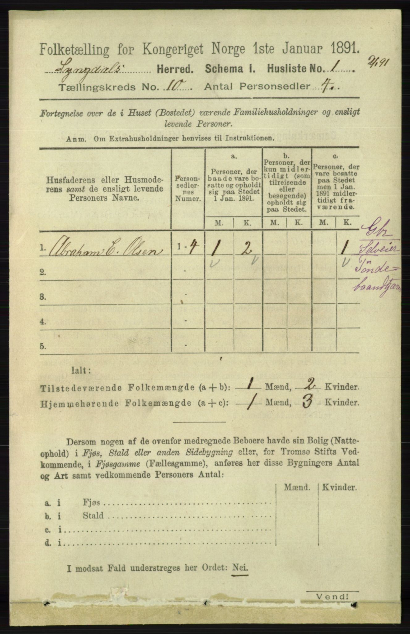 RA, 1891 census for 1032 Lyngdal, 1891, p. 4156