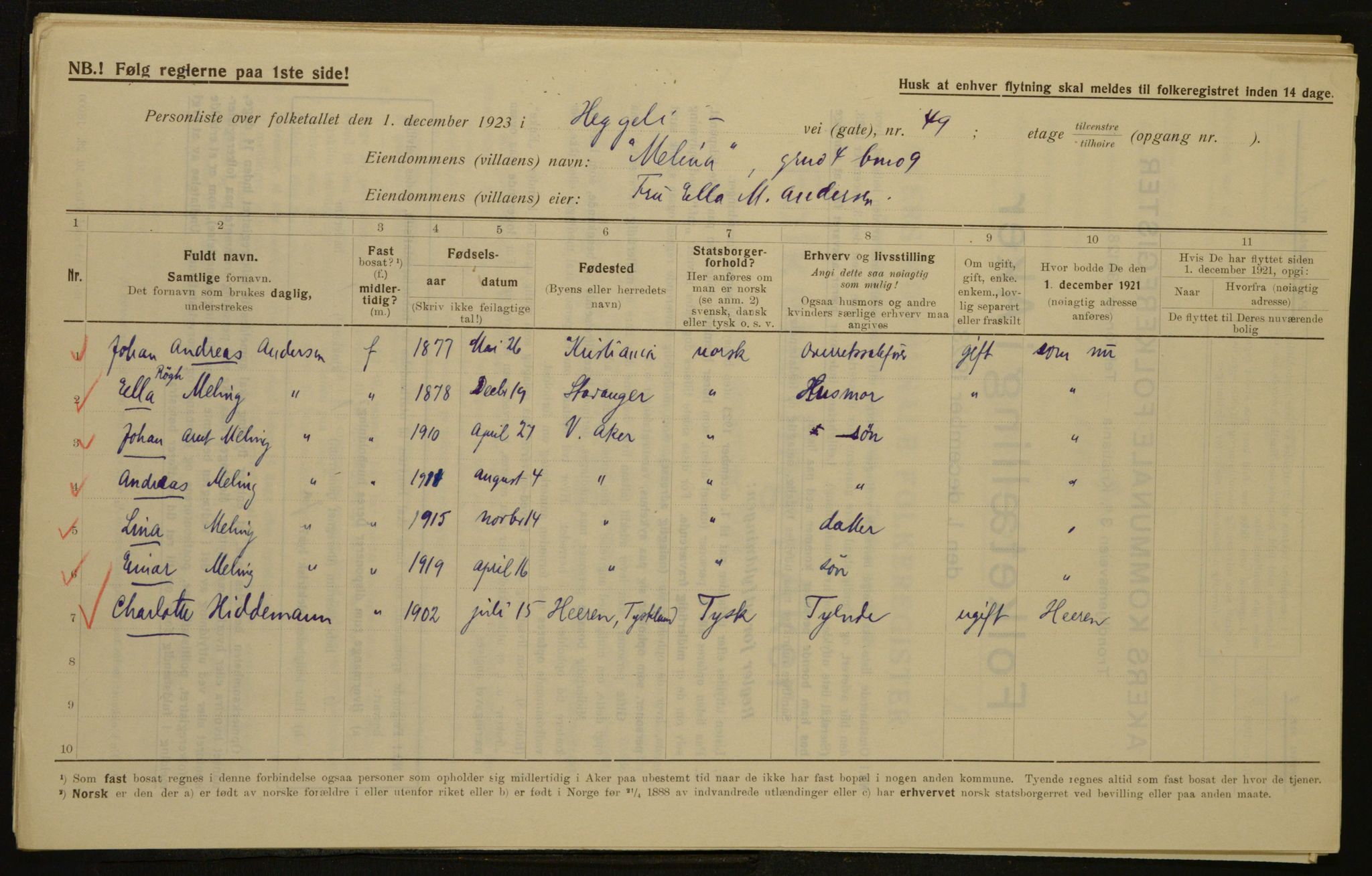 , Municipal Census 1923 for Aker, 1923, p. 2319