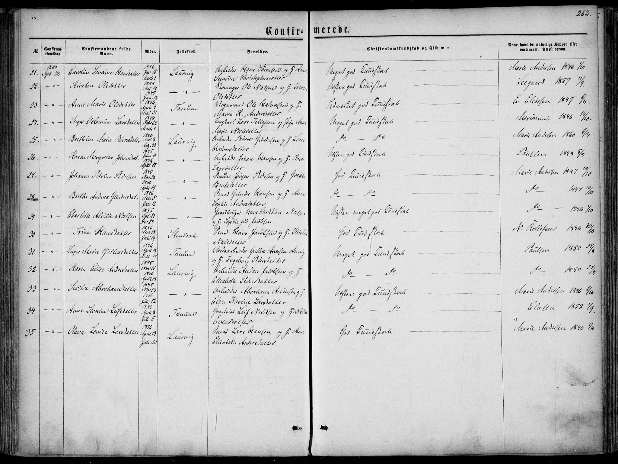 Larvik kirkebøker, SAKO/A-352/F/Fa/L0004: Parish register (official) no. I 4, 1856-1870, p. 263