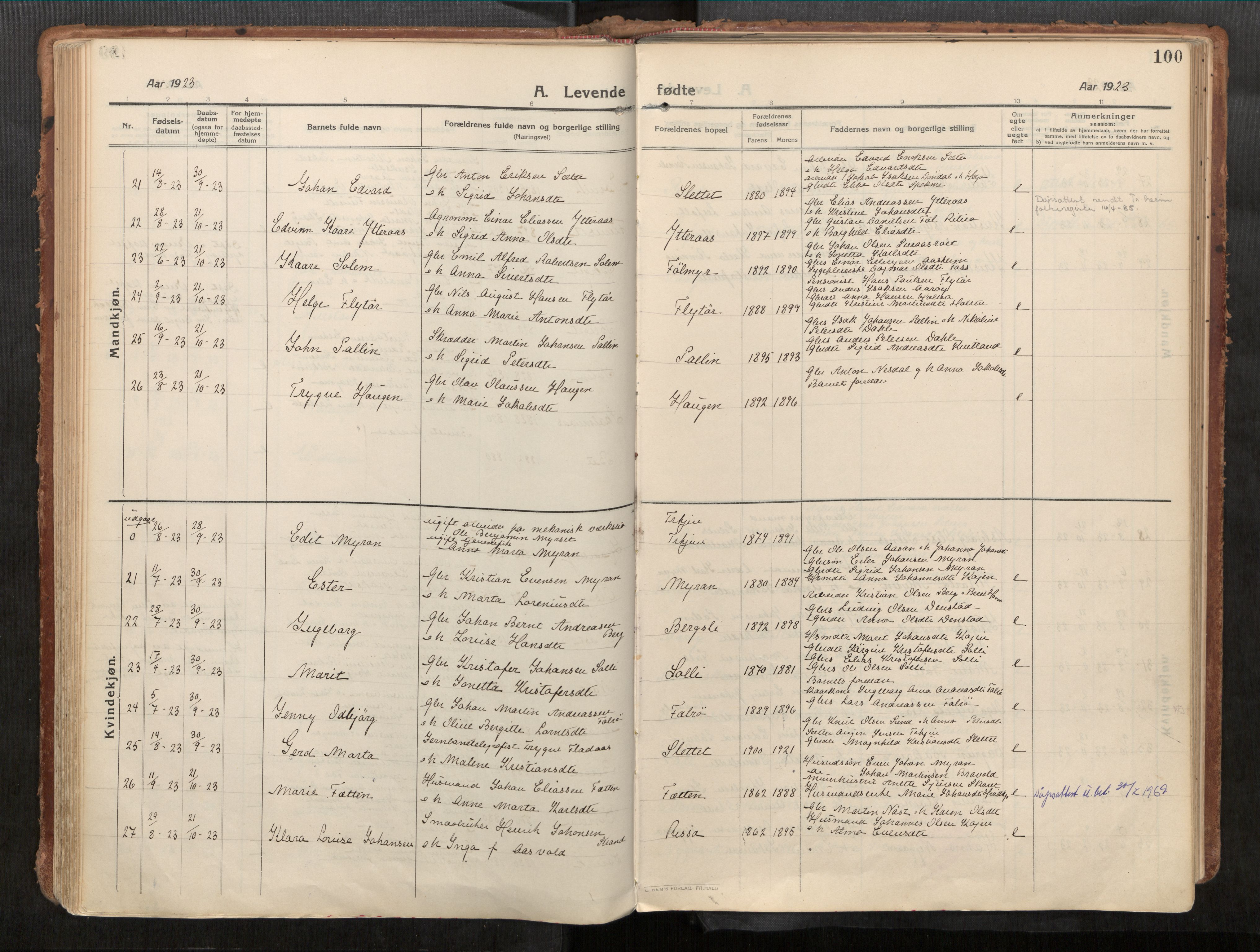 Stadsbygd sokneprestkontor, AV/SAT-A-1117/1/I/I1/I1a/L0001: Parish register (official) no. 1, 1911-1929, p. 100