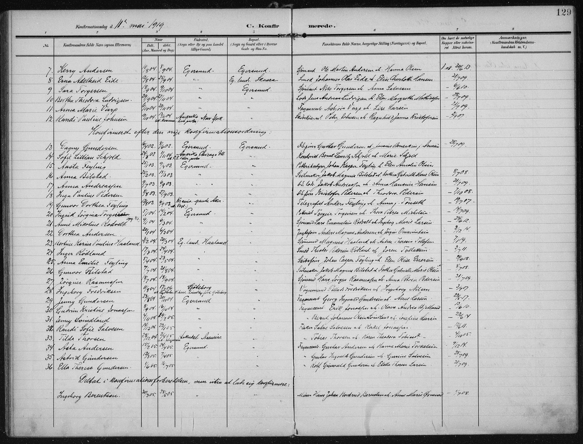 Eigersund sokneprestkontor, AV/SAST-A-101807/S08/L0022: Parish register (official) no. A 21, 1905-1928, p. 129