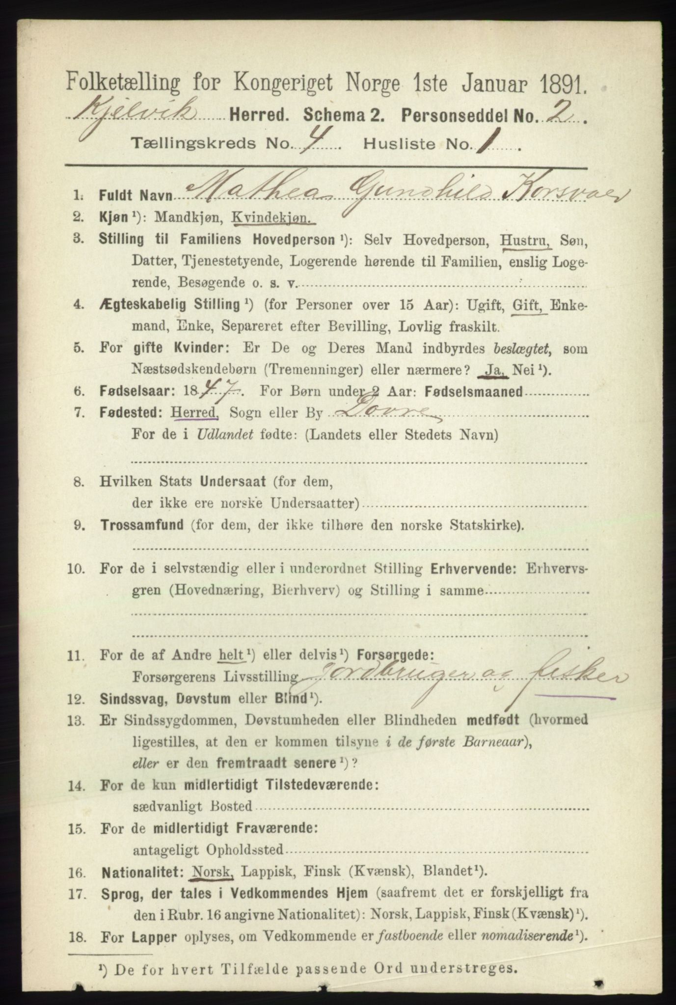 RA, 1891 census for 2019 Kjelvik, 1891, p. 425