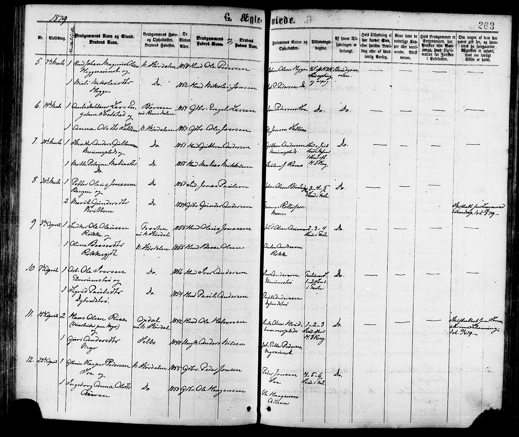 Ministerialprotokoller, klokkerbøker og fødselsregistre - Nord-Trøndelag, AV/SAT-A-1458/709/L0076: Parish register (official) no. 709A16, 1871-1879, p. 263