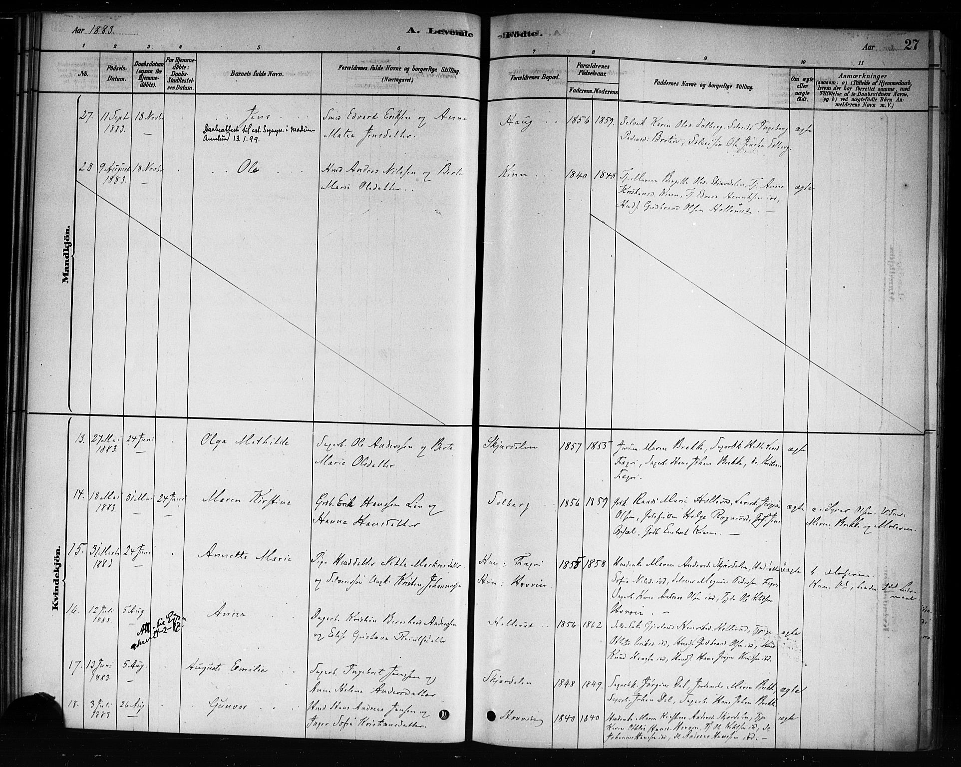 Hole kirkebøker, AV/SAKO-A-228/F/Fb/L0001: Parish register (official) no. II 1, 1878-1891, p. 27