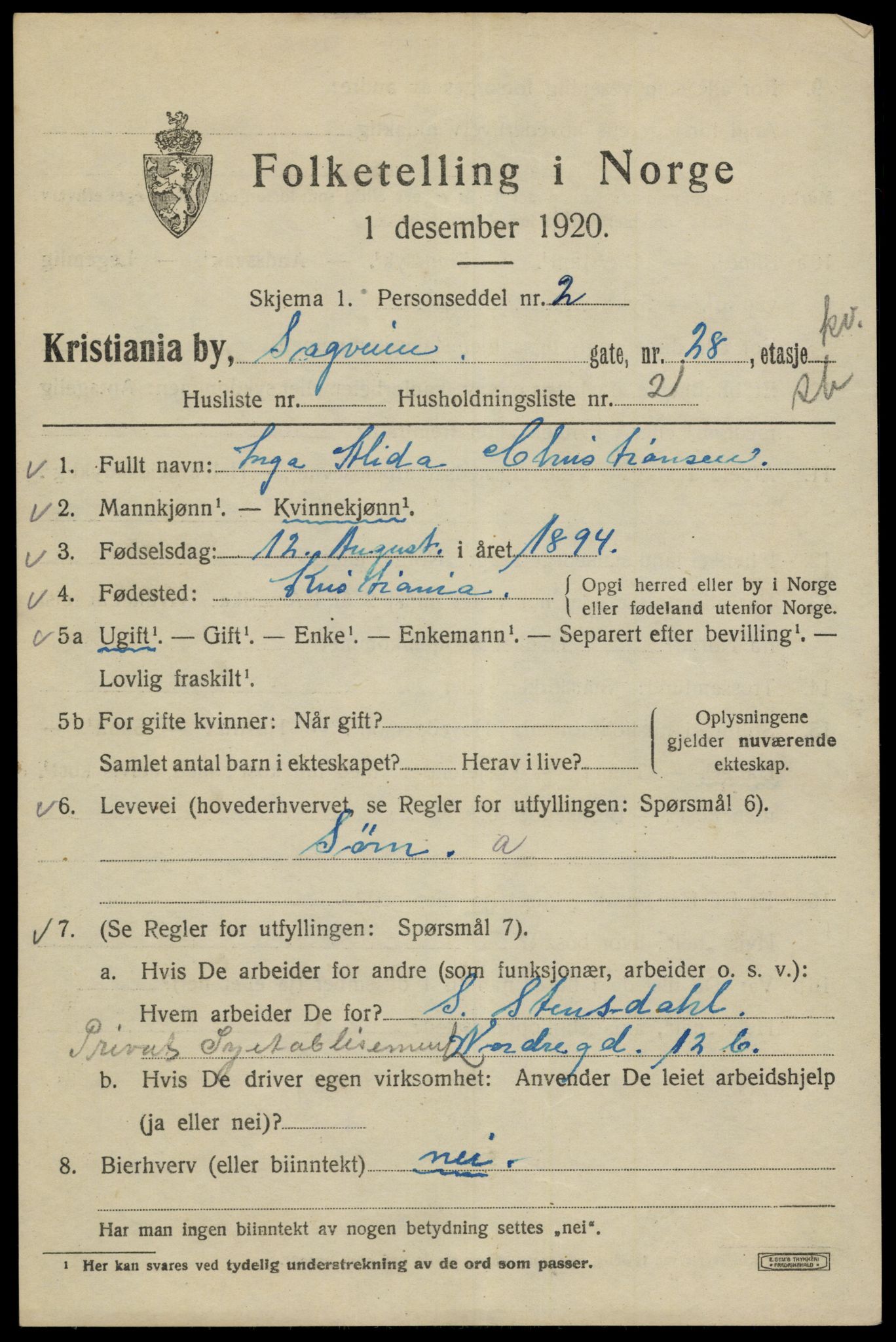 SAO, 1920 census for Kristiania, 1920, p. 477595