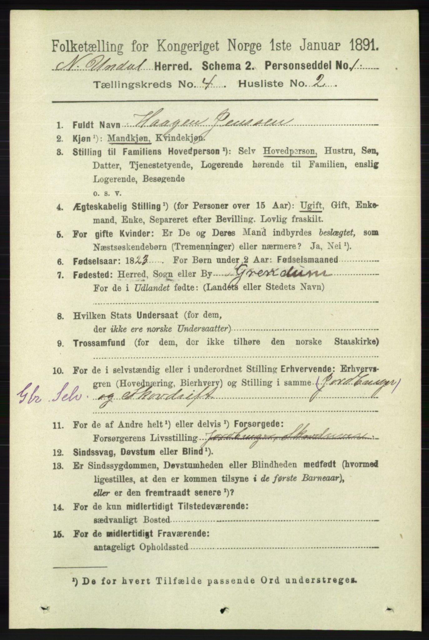 RA, 1891 census for 1028 Nord-Audnedal, 1891, p. 1101