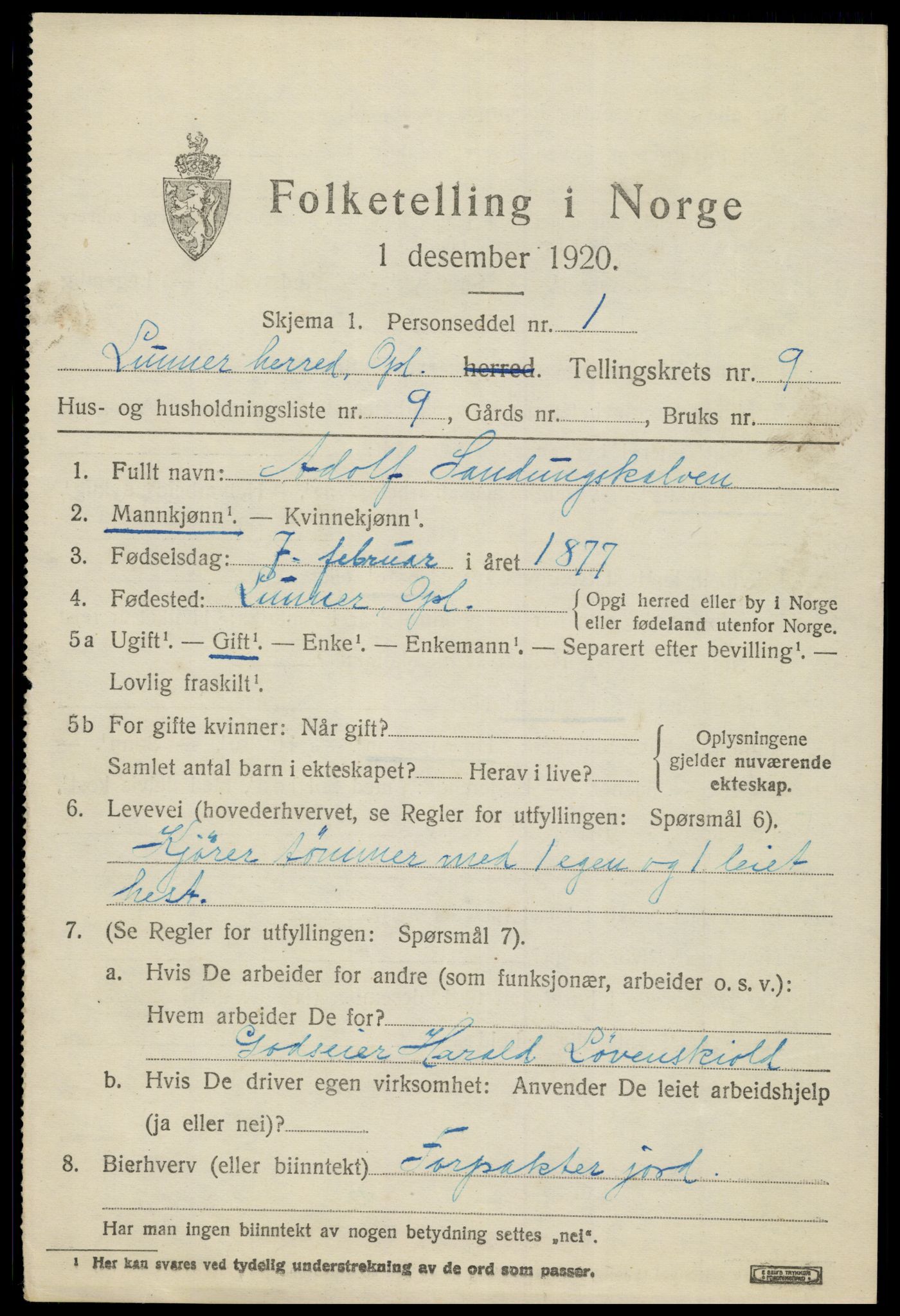 SAH, 1920 census for Lunner, 1920, p. 10483