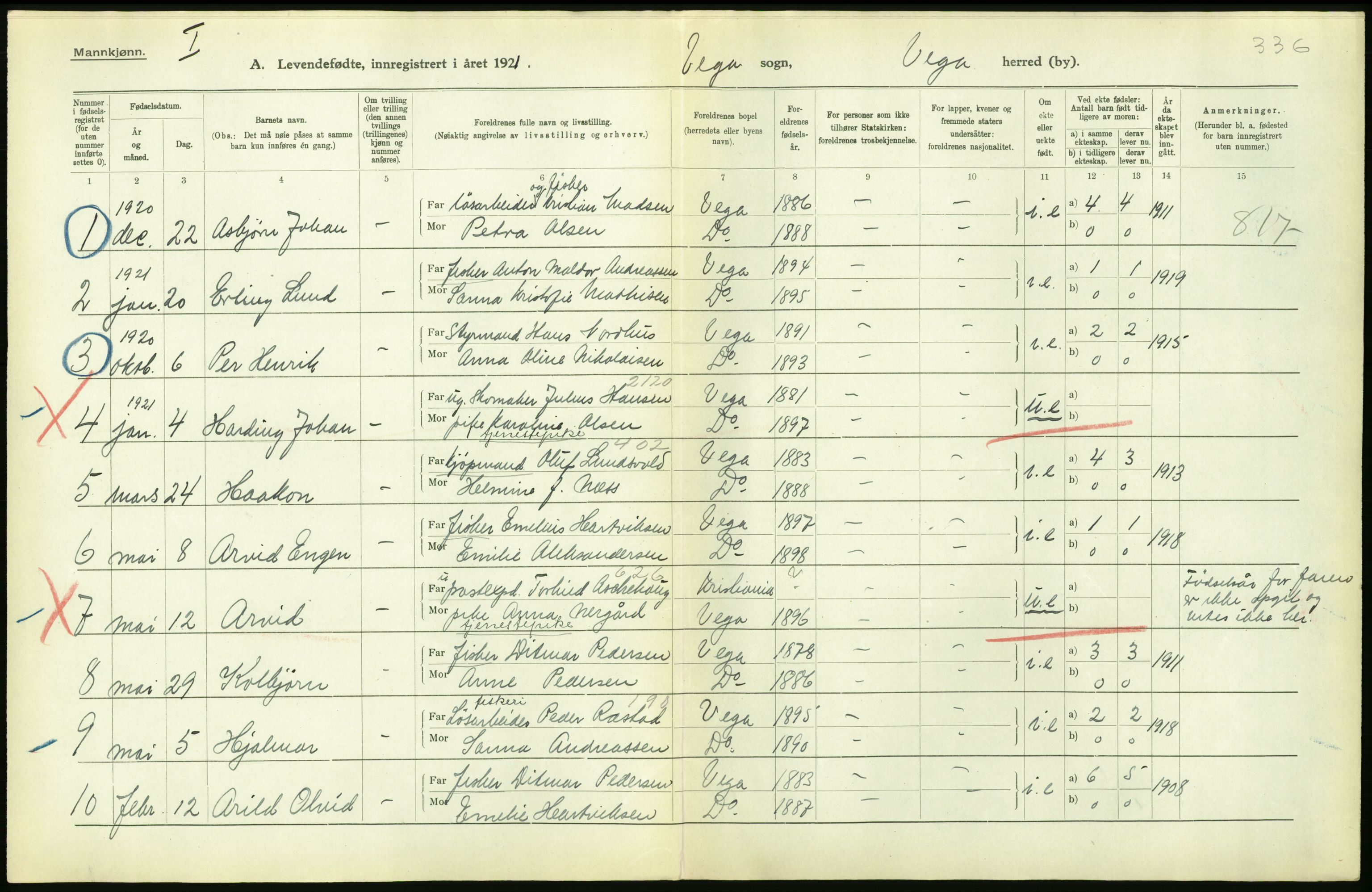 Statistisk sentralbyrå, Sosiodemografiske emner, Befolkning, AV/RA-S-2228/D/Df/Dfc/Dfca/L0049: Nordland fylke: Levendefødte menn og kvinner. Bygder., 1921, p. 490