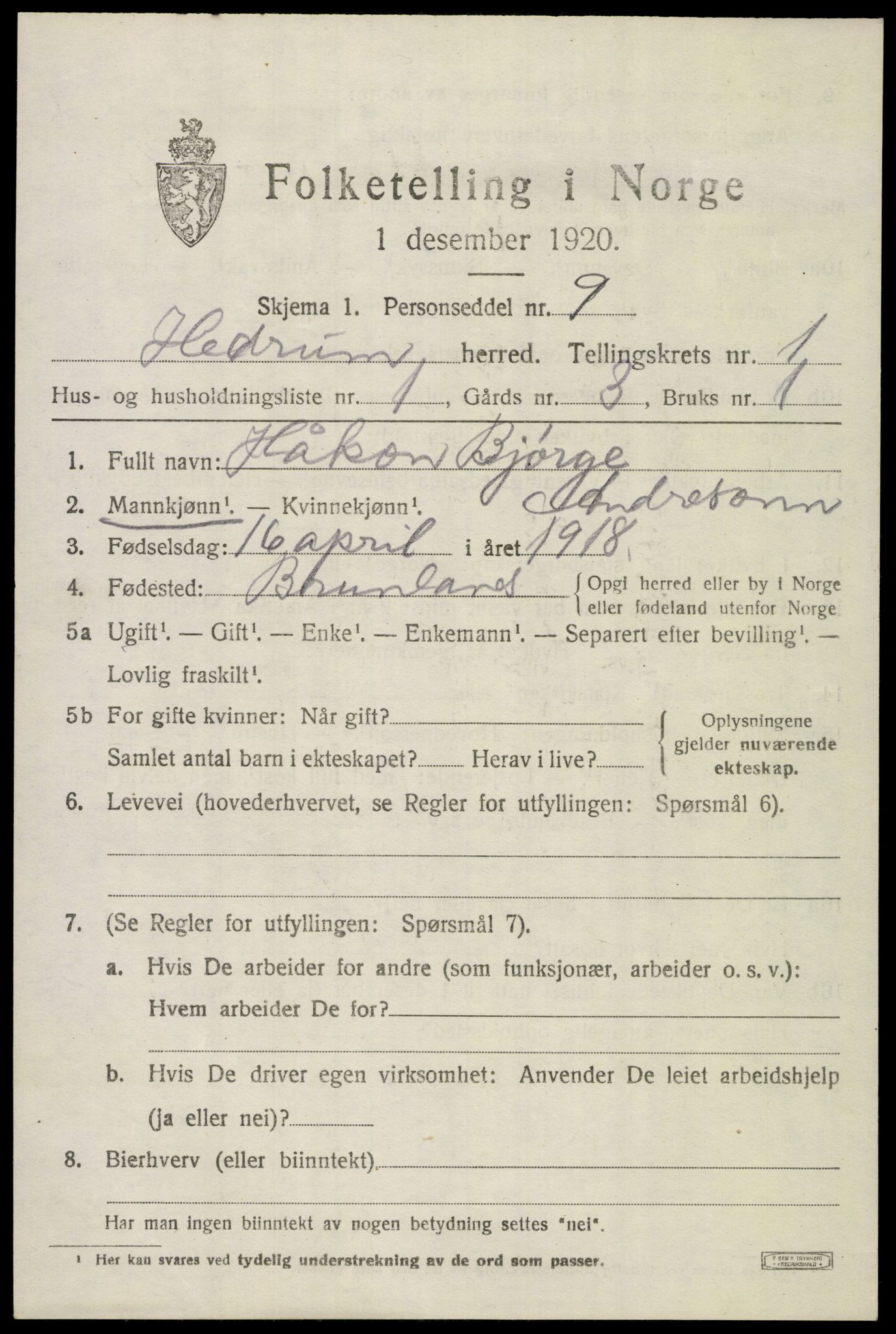 SAKO, 1920 census for Hedrum, 1920, p. 1803