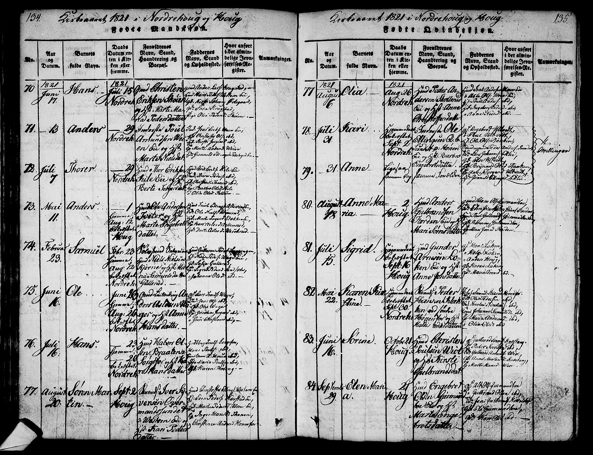 Norderhov kirkebøker, AV/SAKO-A-237/G/Ga/L0003: Parish register (copy) no. I 3 /1, 1814-1876, p. 134-135