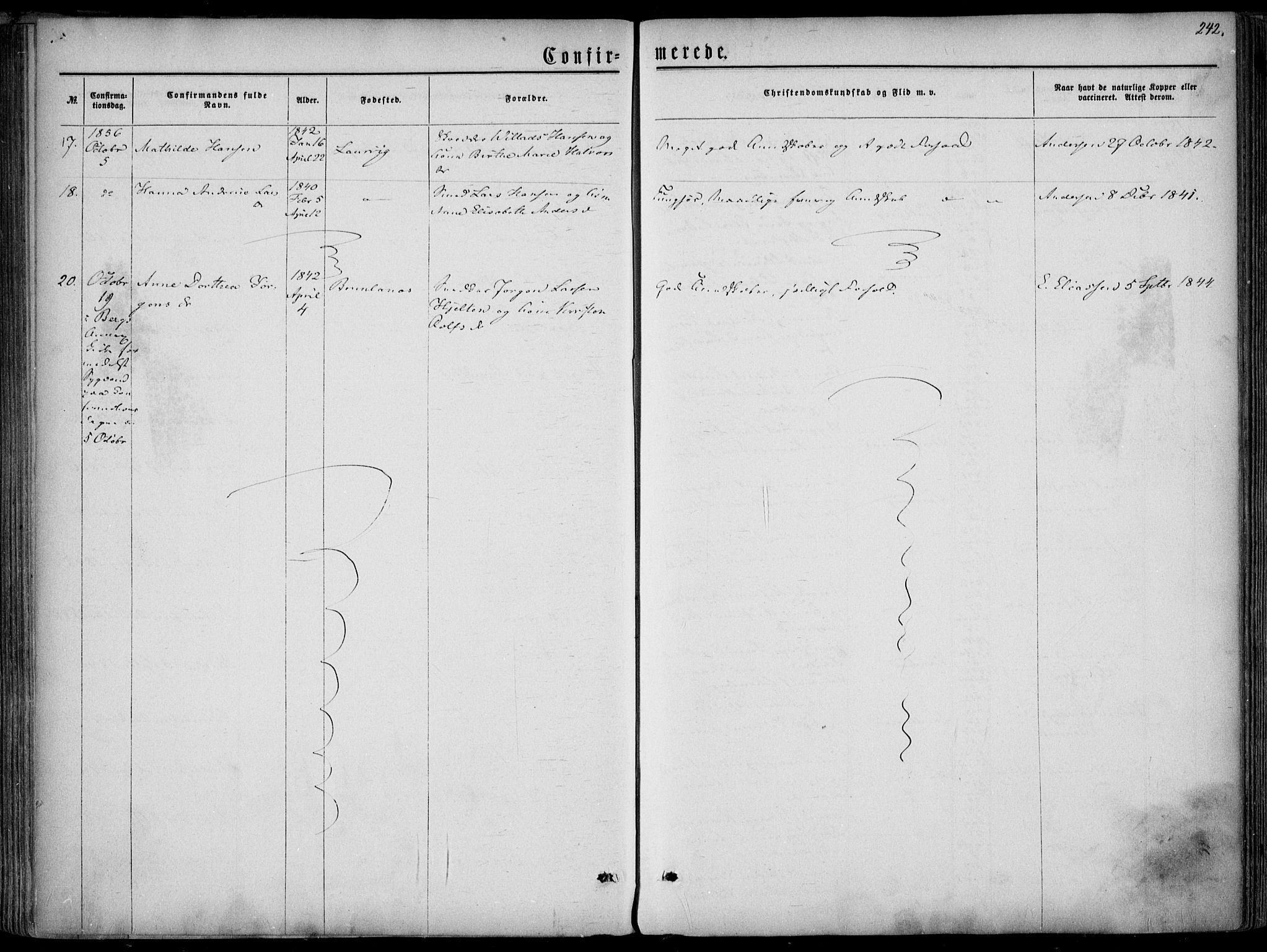 Larvik kirkebøker, AV/SAKO-A-352/F/Fa/L0004: Parish register (official) no. I 4, 1856-1870, p. 242