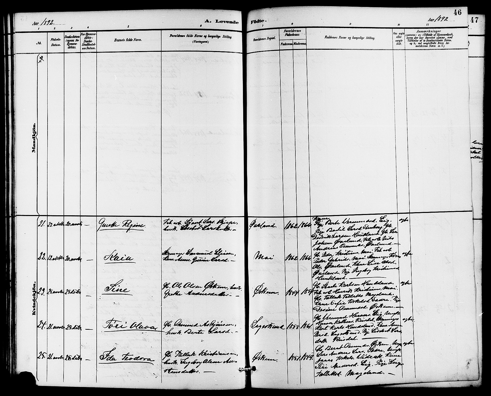 Lund sokneprestkontor, AV/SAST-A-101809/S07/L0006: Parish register (copy) no. B 6, 1885-1901, p. 46