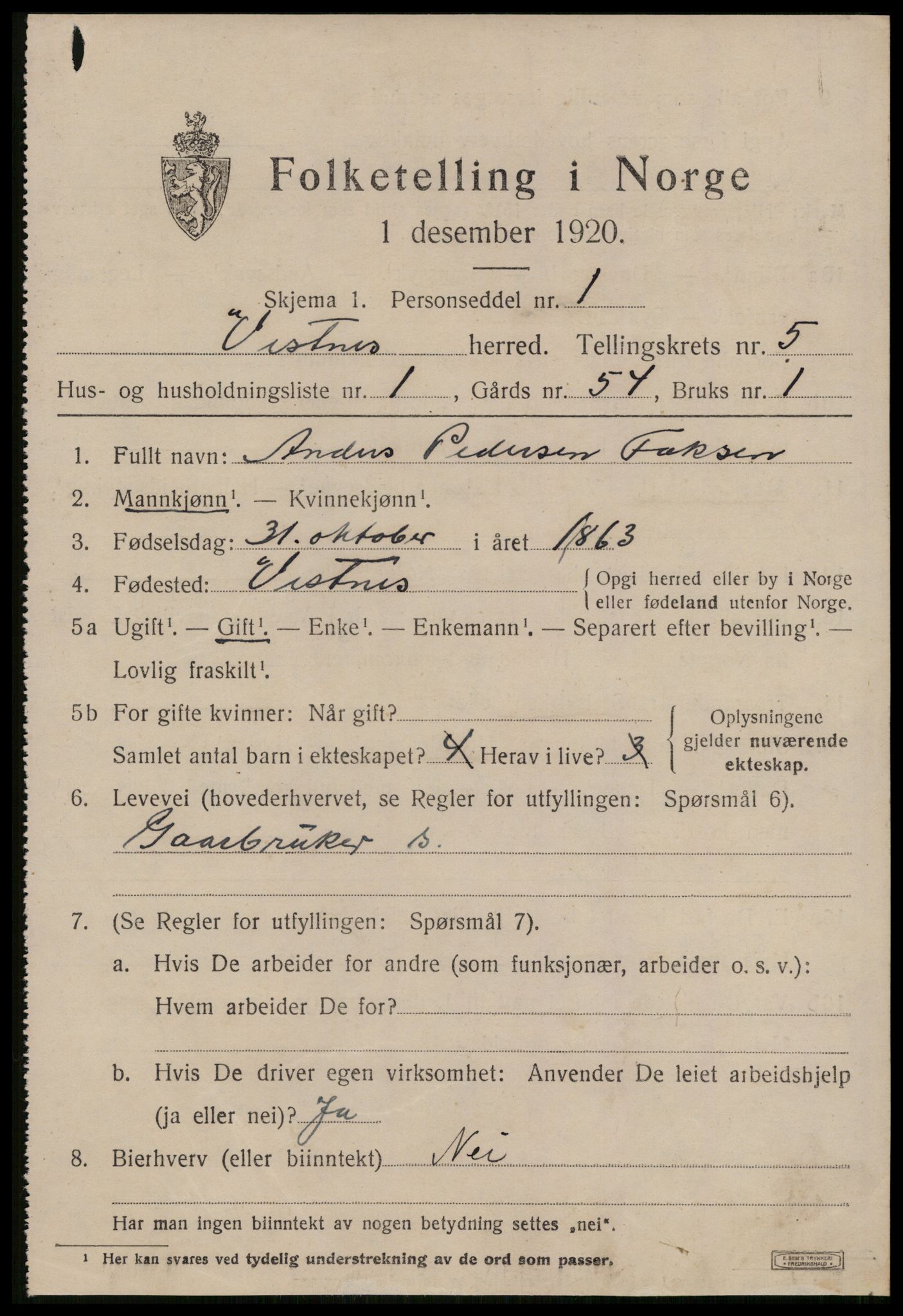 SAT, 1920 census for Vestnes, 1920, p. 3929