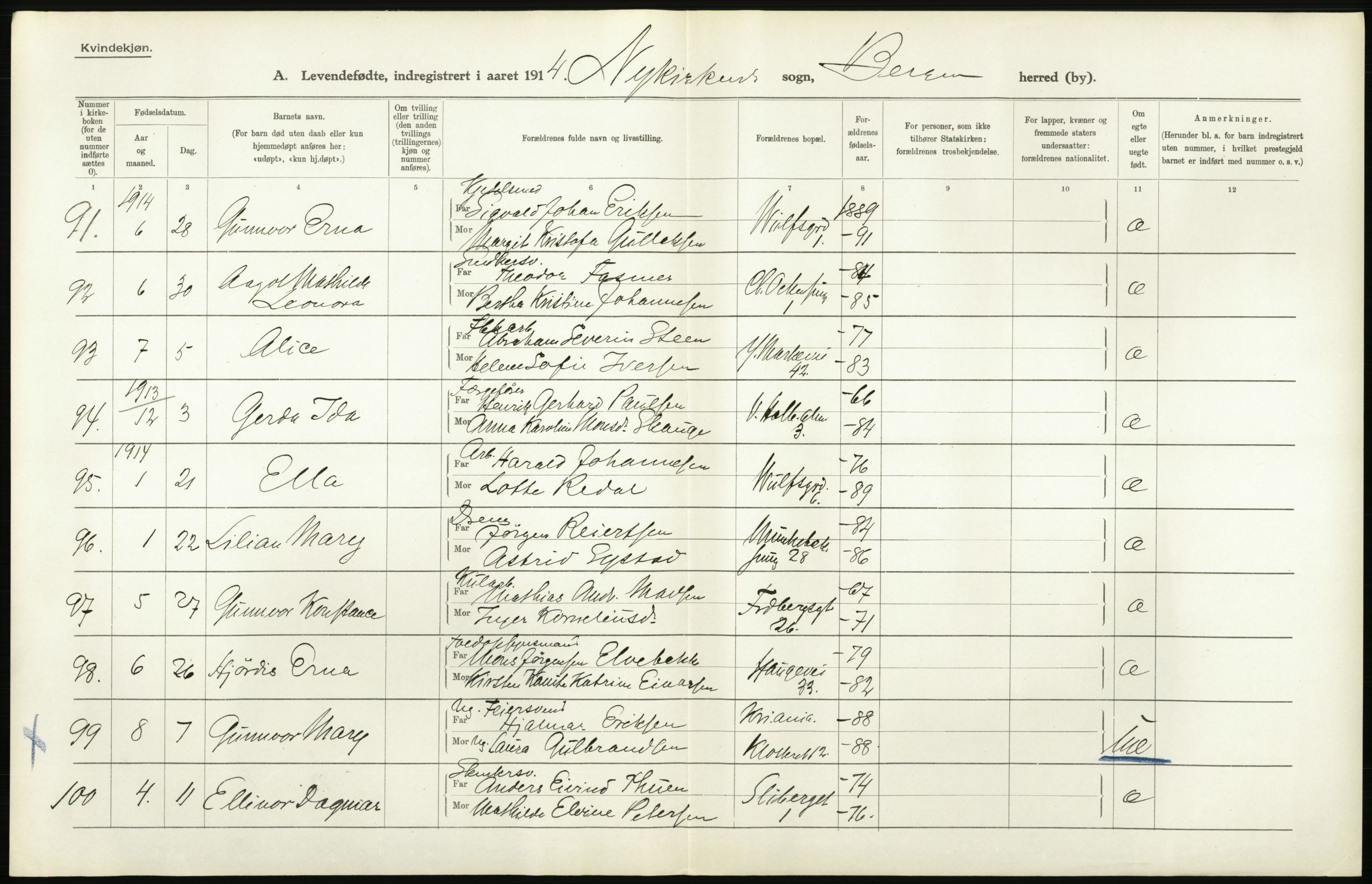 Statistisk sentralbyrå, Sosiodemografiske emner, Befolkning, AV/RA-S-2228/D/Df/Dfb/Dfbd/L0030: Bergen: Levendefødte menn og kvinner., 1914, p. 58