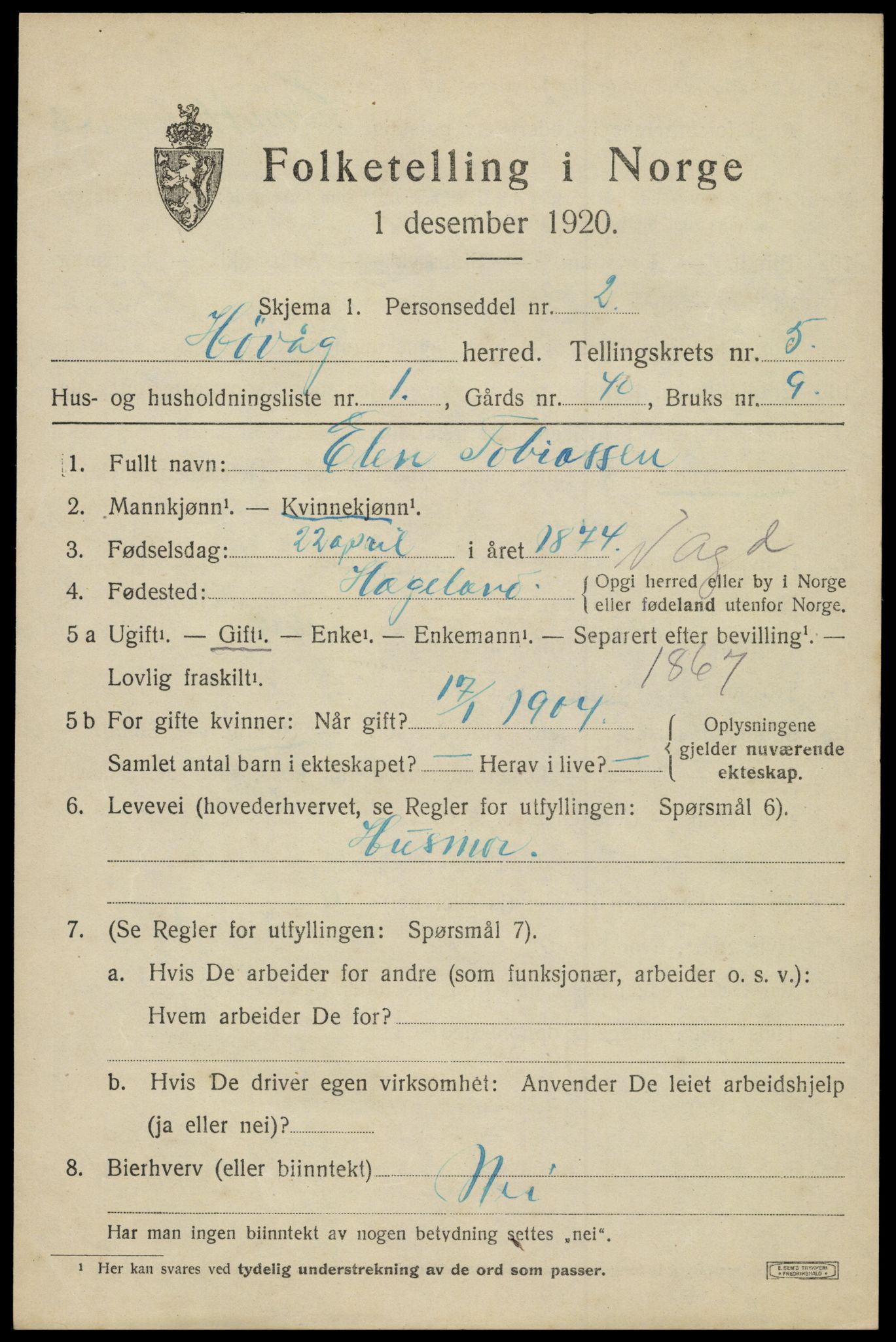 SAK, 1920 census for Høvåg, 1920, p. 2586