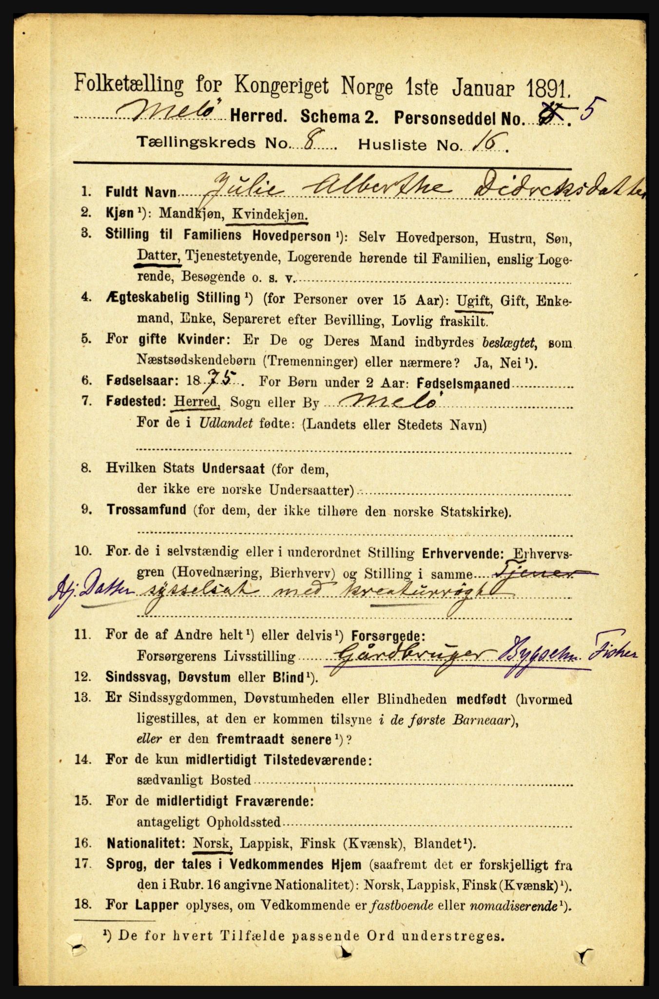 RA, 1891 census for 1837 Meløy, 1891, p. 3445