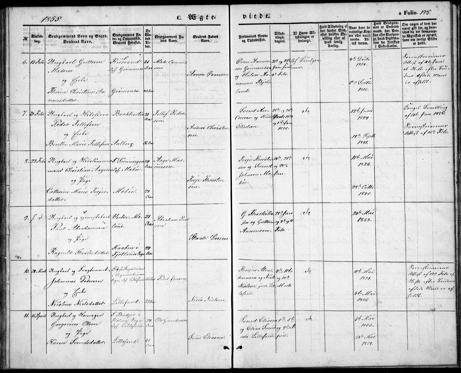 Vestre Moland sokneprestkontor, AV/SAK-1111-0046/F/Fb/Fbb/L0003: Parish register (copy) no. B 3, 1851-1861, p. 175