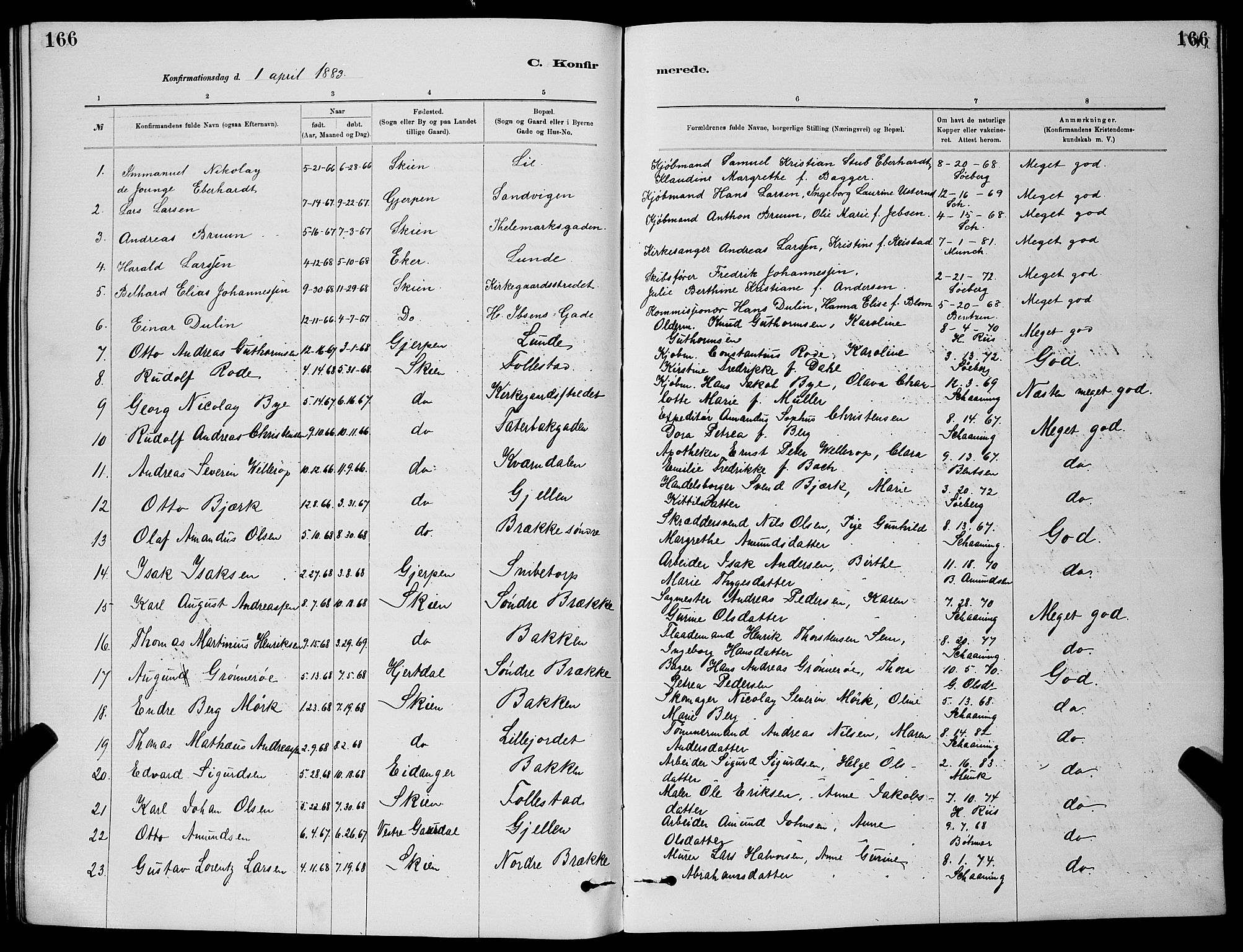 Skien kirkebøker, SAKO/A-302/G/Ga/L0006: Parish register (copy) no. 6, 1881-1890, p. 166