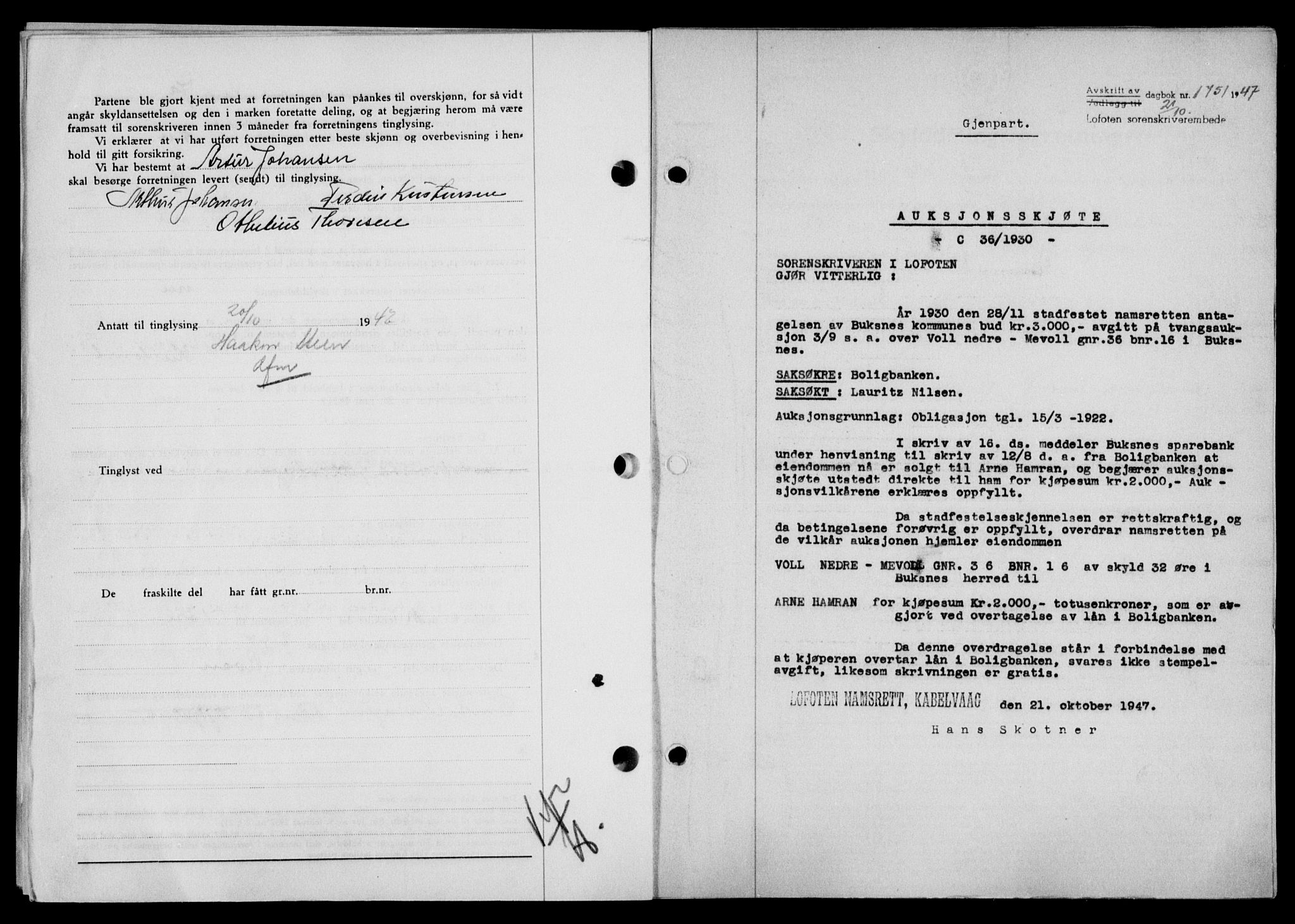 Lofoten sorenskriveri, SAT/A-0017/1/2/2C/L0017a: Mortgage book no. 17a, 1947-1948, Diary no: : 1751/1947