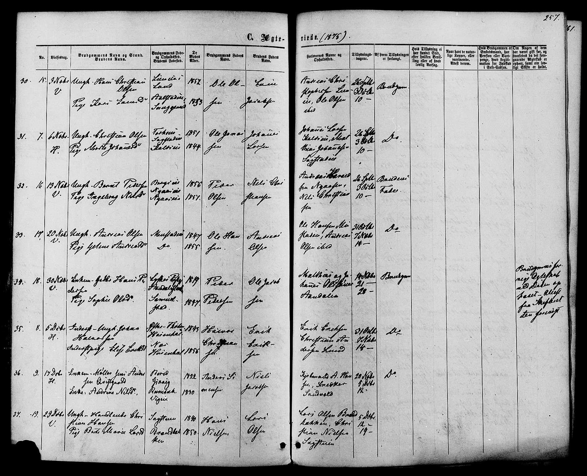 Vardal prestekontor, AV/SAH-PREST-100/H/Ha/Haa/L0007: Parish register (official) no. 7, 1867-1878, p. 257