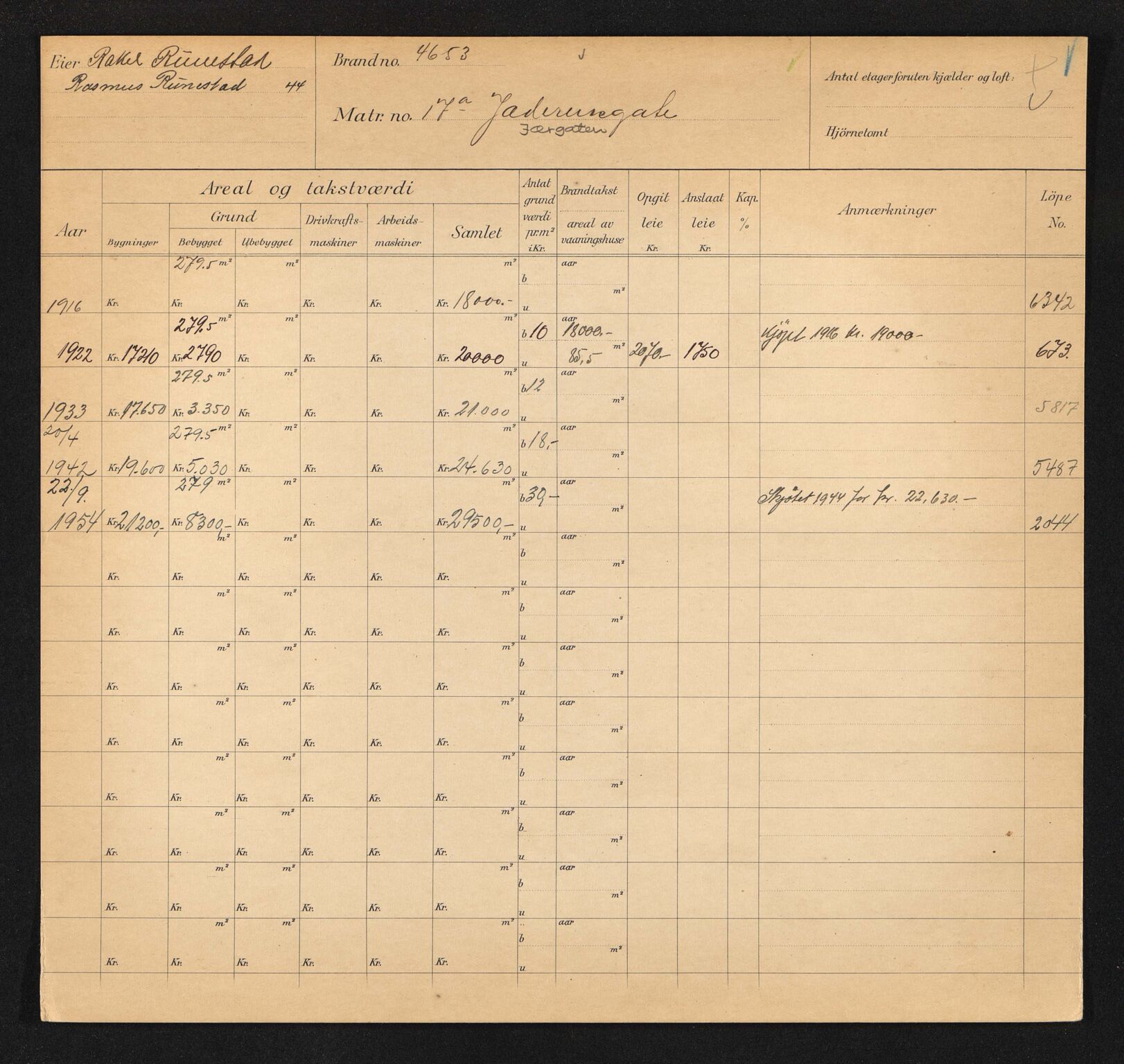 Stavanger kommune. Skattetakstvesenet, BYST/A-0440/F/Fa/Faa/L0021/0008: Skattetakstkort / Jærgata 15 - 46