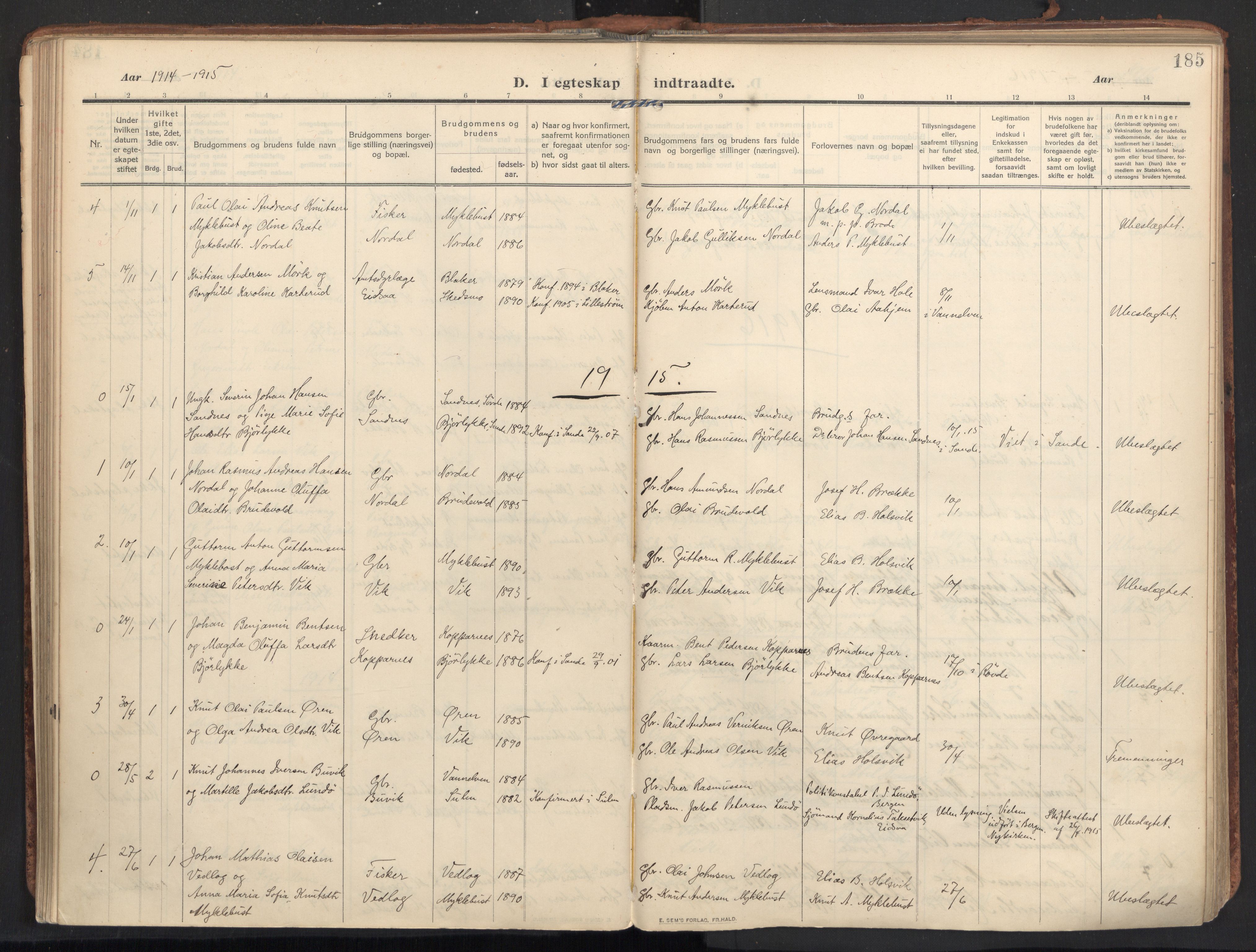 Ministerialprotokoller, klokkerbøker og fødselsregistre - Møre og Romsdal, SAT/A-1454/502/L0026: Parish register (official) no. 502A04, 1909-1933, p. 185