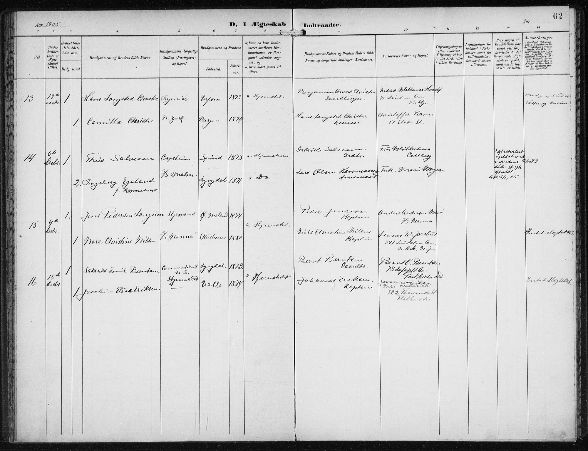 Den norske sjømannsmisjon i utlandet/New York, AV/SAB-SAB/PA-0110/H/Ha/L0005: Parish register (official) no. A 5, 1902-1908, p. 62