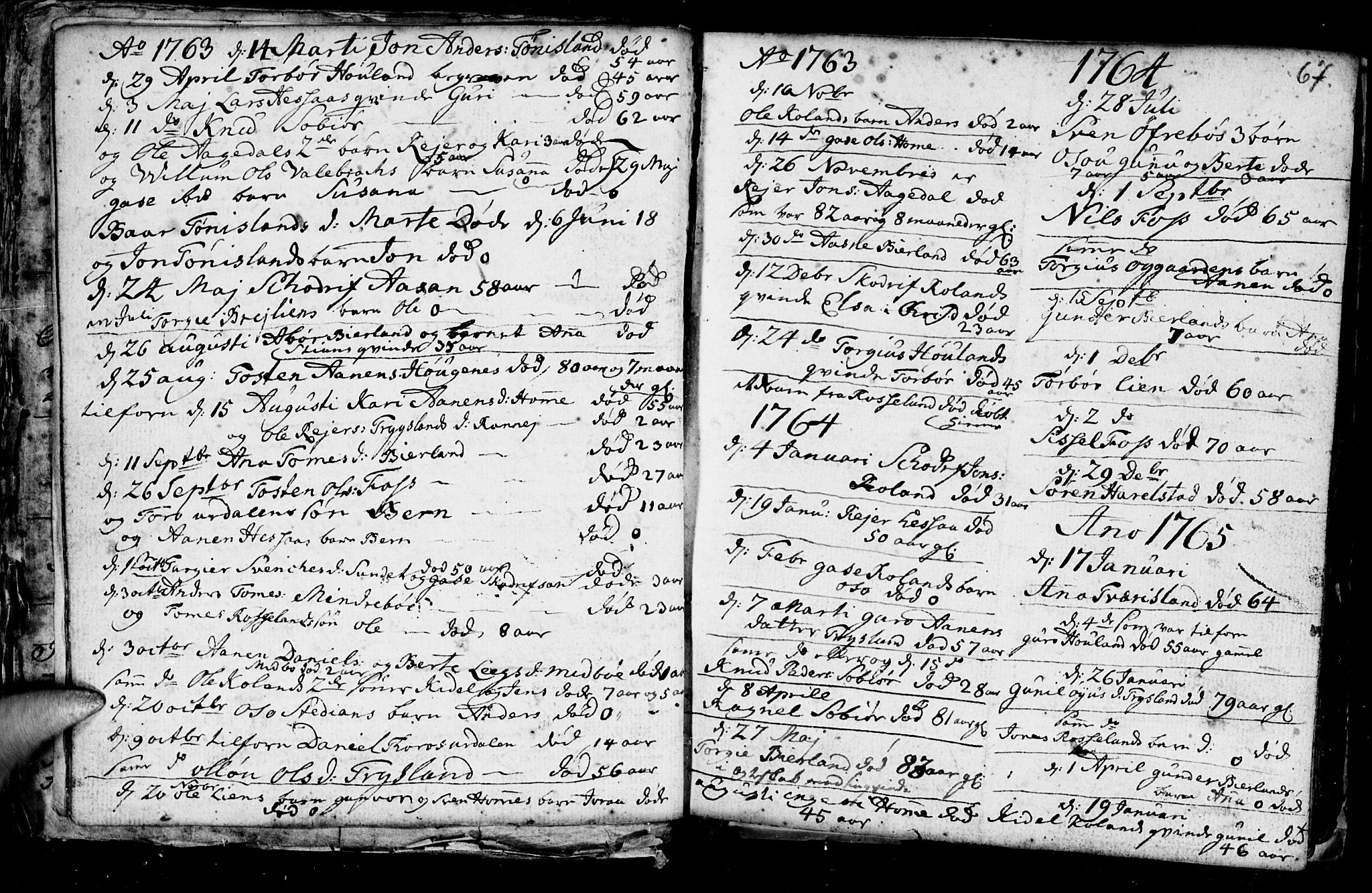 Bjelland sokneprestkontor, AV/SAK-1111-0005/F/Fb/Fba/L0002: Parish register (copy) no. B 2, 1753-1792, p. 67