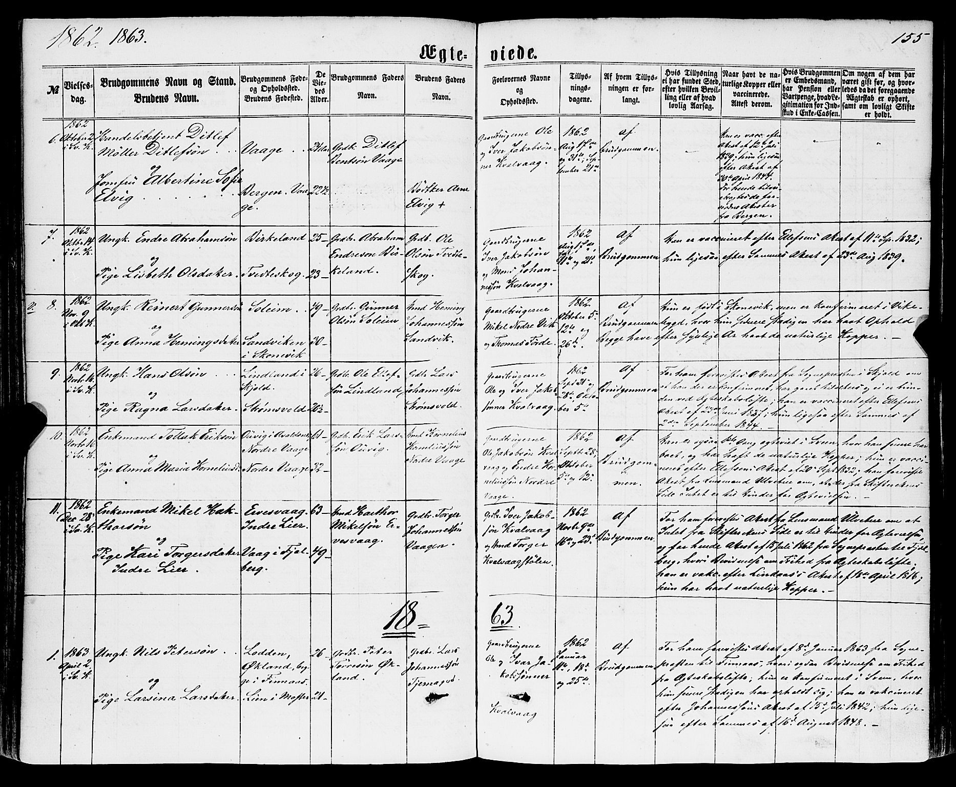 Sveio Sokneprestembete, SAB/A-78501/H/Haa: Parish register (official) no. A 1, 1861-1877, p. 155