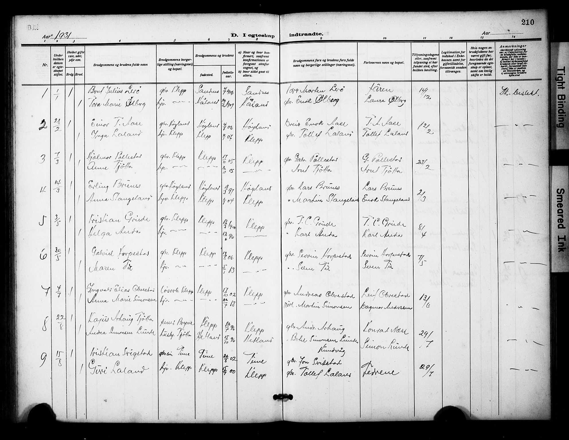 Klepp sokneprestkontor, AV/SAST-A-101803/001/3/30BB/L0007: Parish register (copy) no. B 7, 1908-1934, p. 210