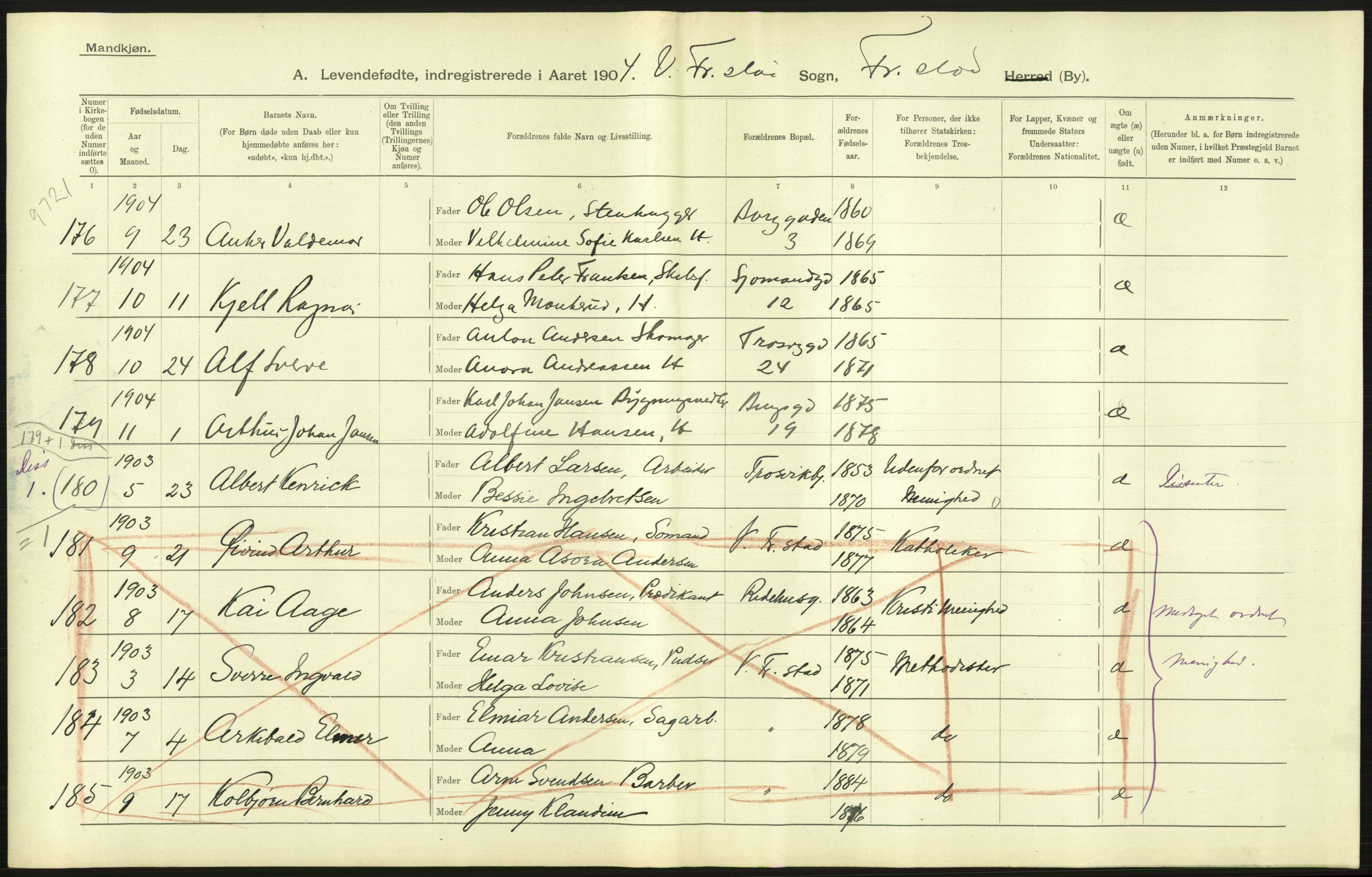 Statistisk sentralbyrå, Sosiodemografiske emner, Befolkning, AV/RA-S-2228/D/Df/Dfa/Dfab/L0001: Smålenenes amt: Fødte, gifte, døde, 1904, p. 29