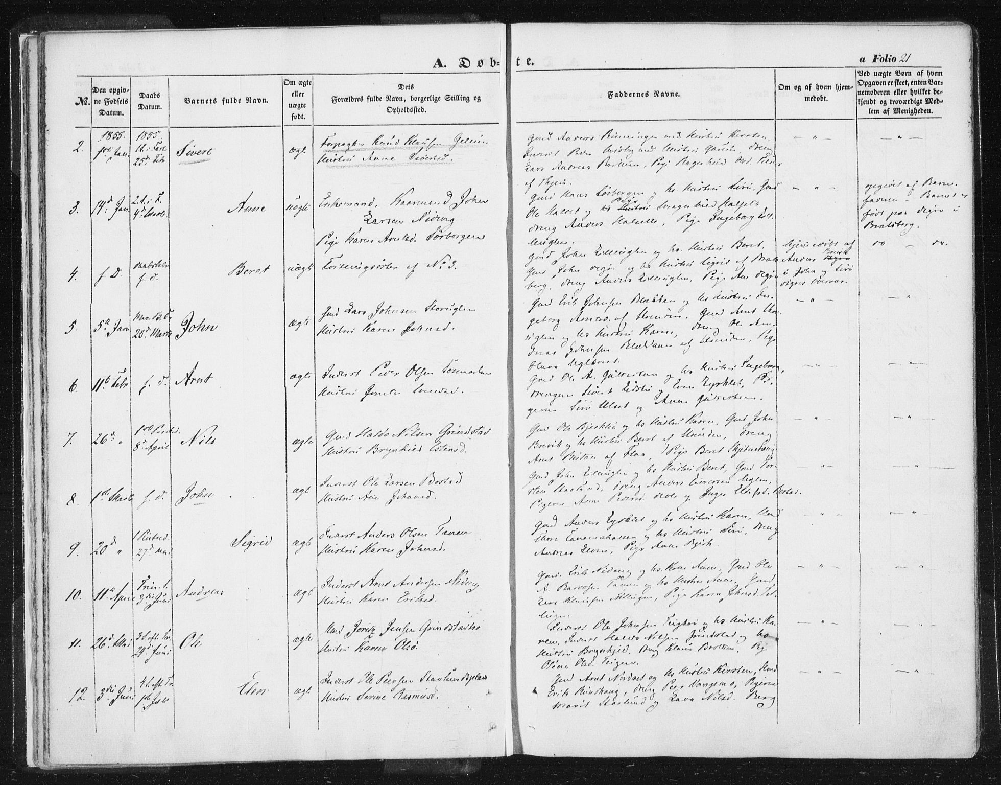 Ministerialprotokoller, klokkerbøker og fødselsregistre - Sør-Trøndelag, SAT/A-1456/618/L0441: Parish register (official) no. 618A05, 1843-1862, p. 21