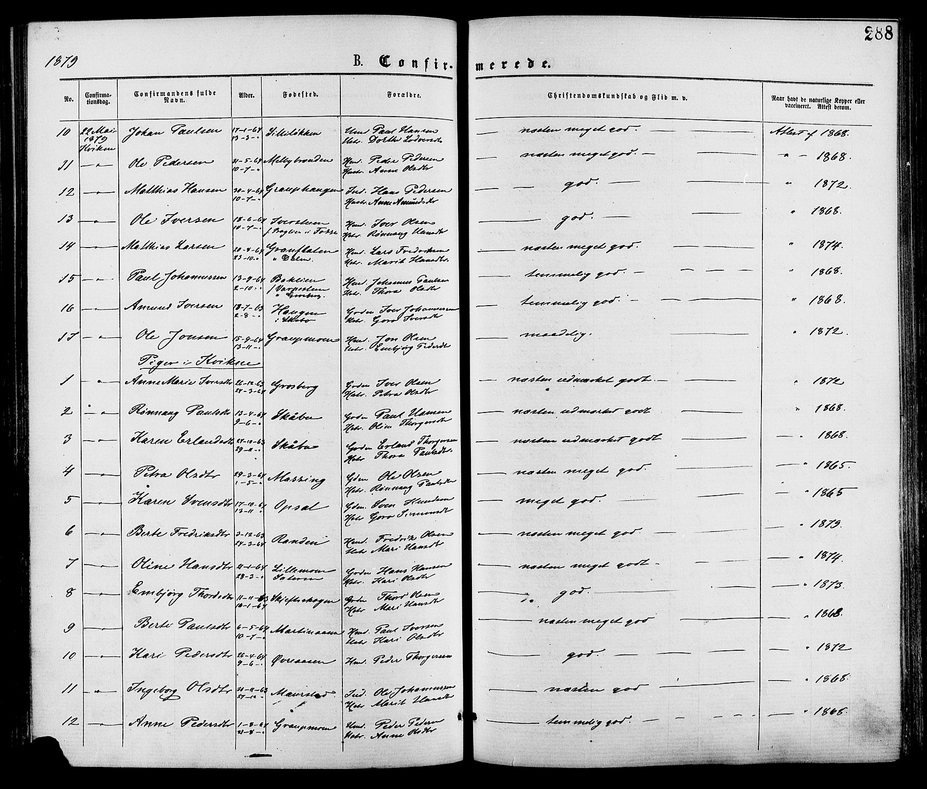 Nord-Fron prestekontor, AV/SAH-PREST-080/H/Ha/Haa/L0002: Parish register (official) no. 2, 1865-1883, p. 288