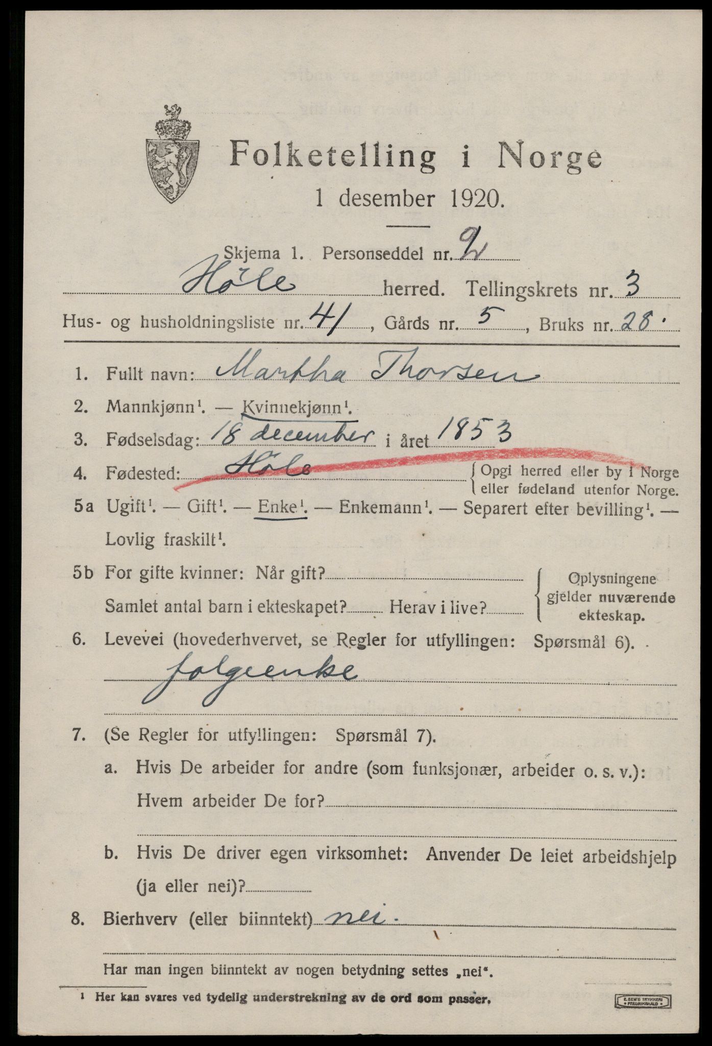 SAST, 1920 census for Høle, 1920, p. 1365