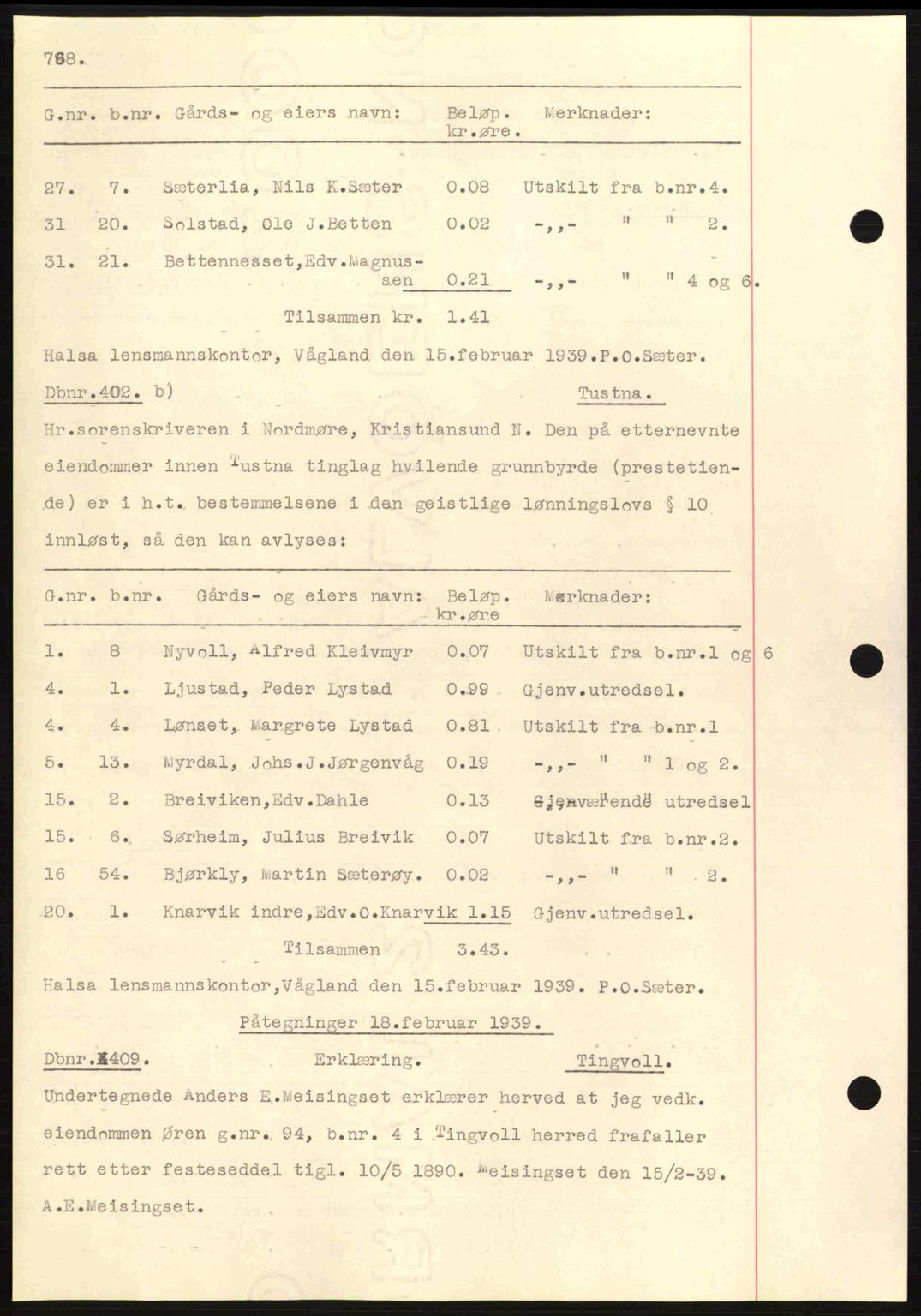 Nordmøre sorenskriveri, AV/SAT-A-4132/1/2/2Ca: Mortgage book no. C80, 1936-1939, Diary no: : 402/1939