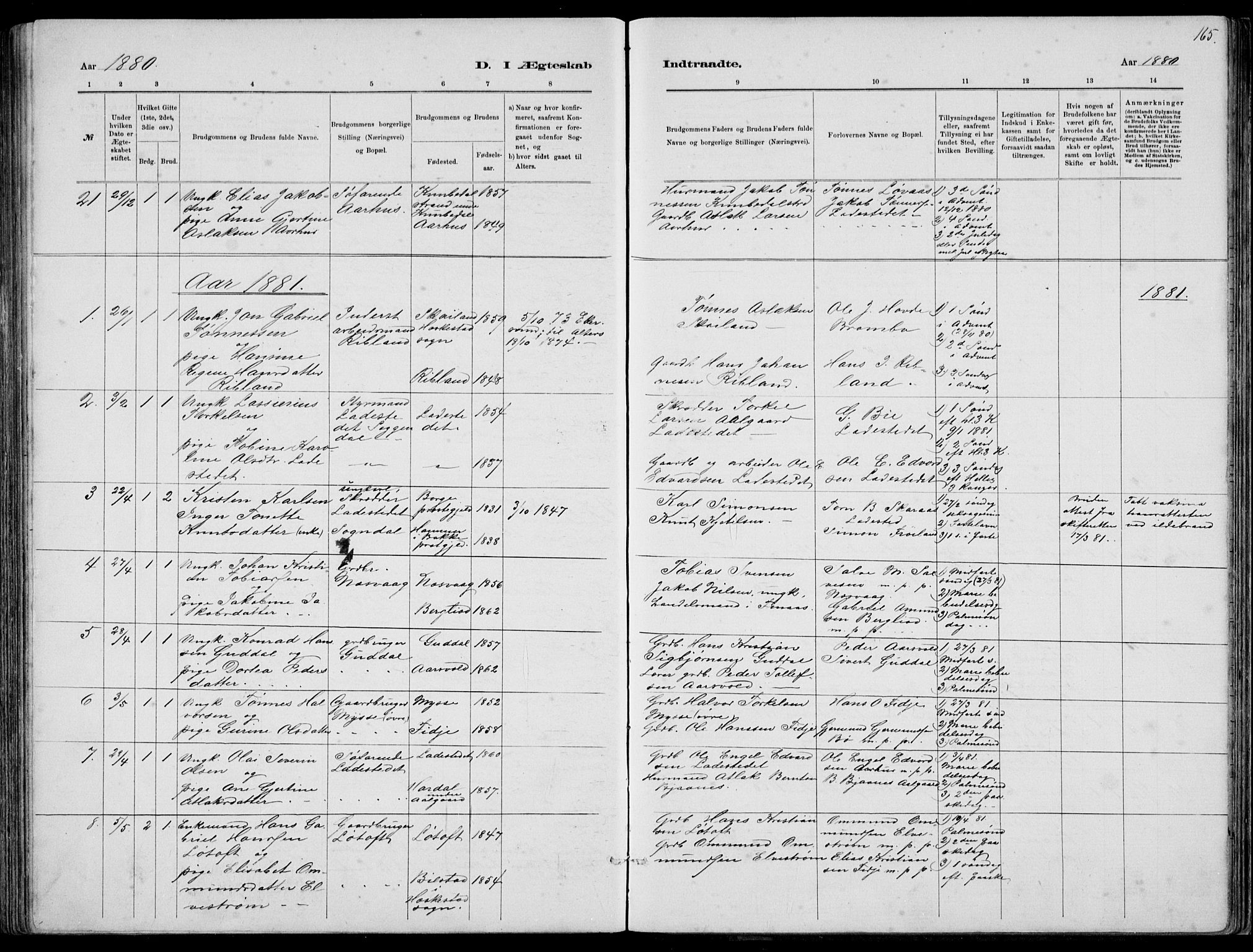 Sokndal sokneprestkontor, AV/SAST-A-101808: Parish register (copy) no. B 4, 1880-1891, p. 165