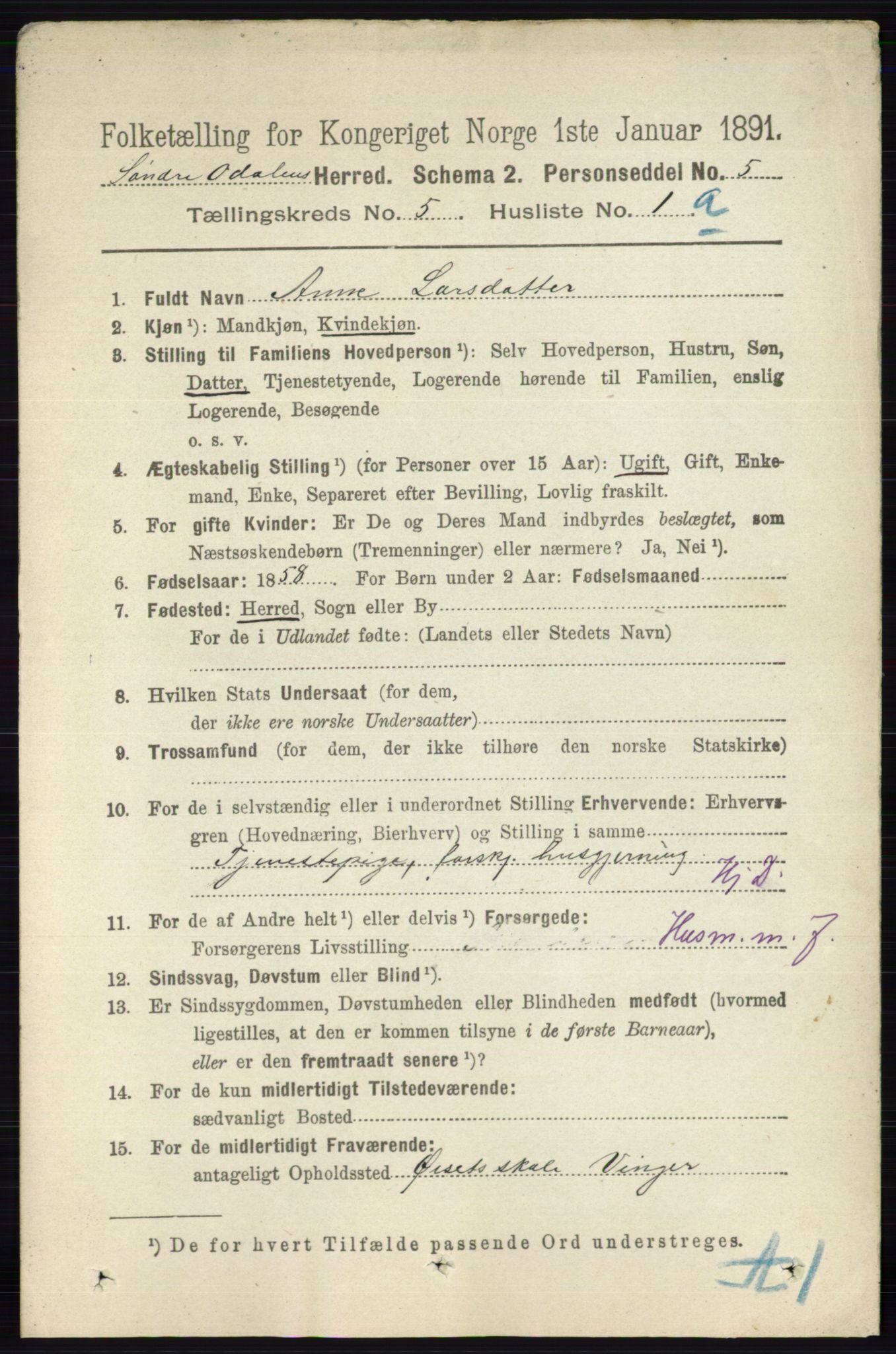 RA, 1891 census for 0419 Sør-Odal, 1891, p. 2334