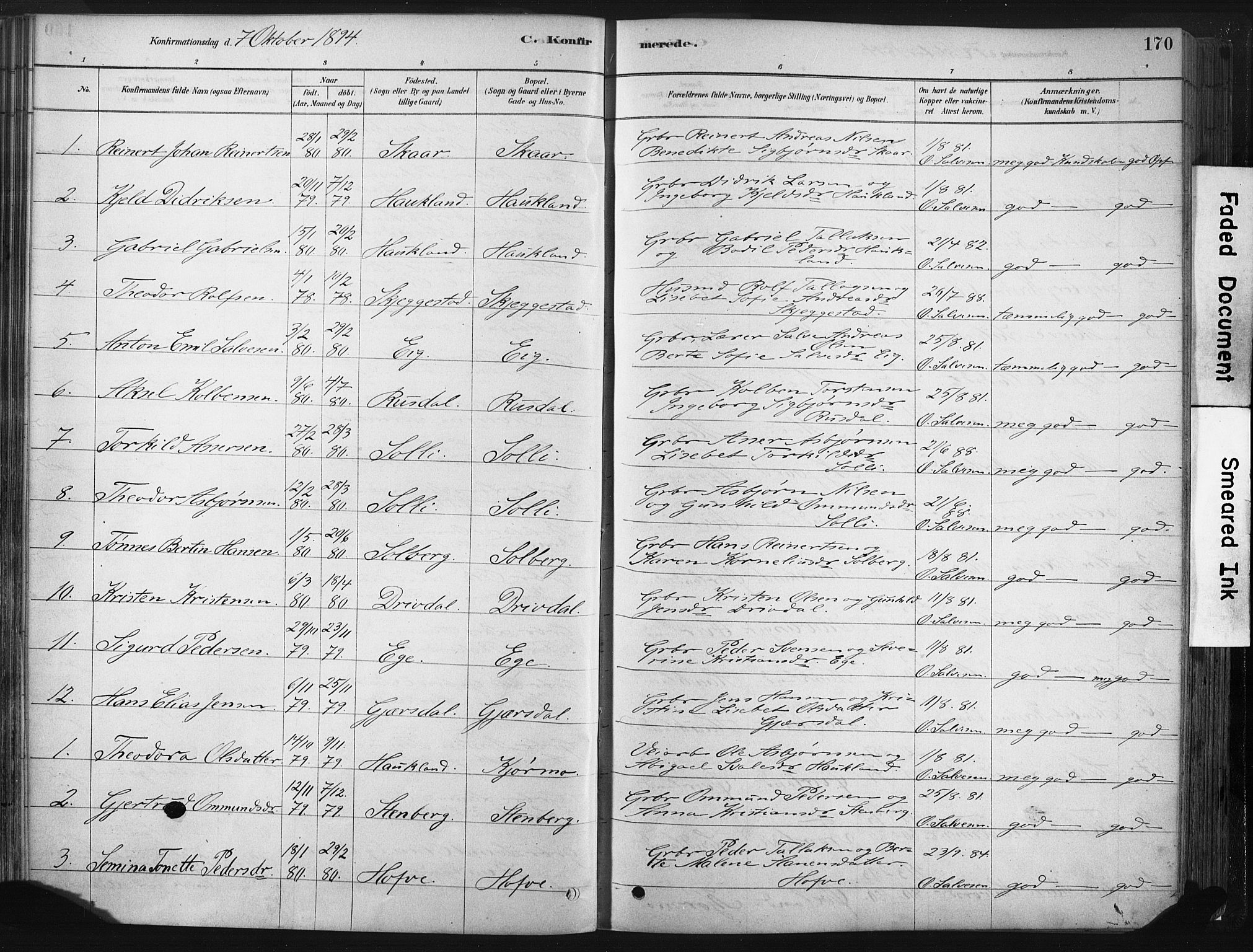 Lund sokneprestkontor, SAST/A-101809/S06/L0011: Parish register (official) no. A 10, 1877-1904, p. 170
