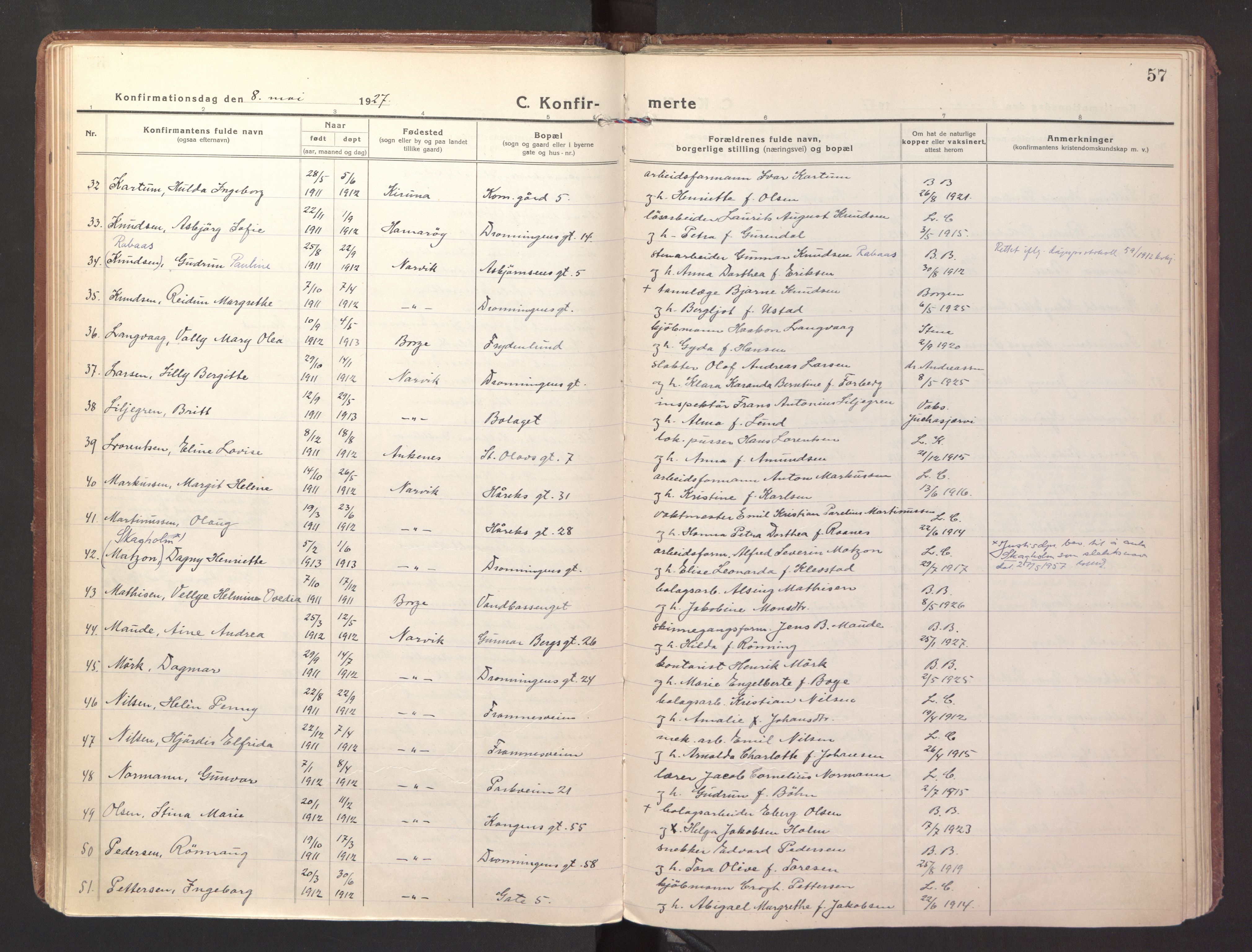 Ministerialprotokoller, klokkerbøker og fødselsregistre - Nordland, AV/SAT-A-1459/871/L1004: Parish register (official) no. 871A20, 1921-1932, p. 57