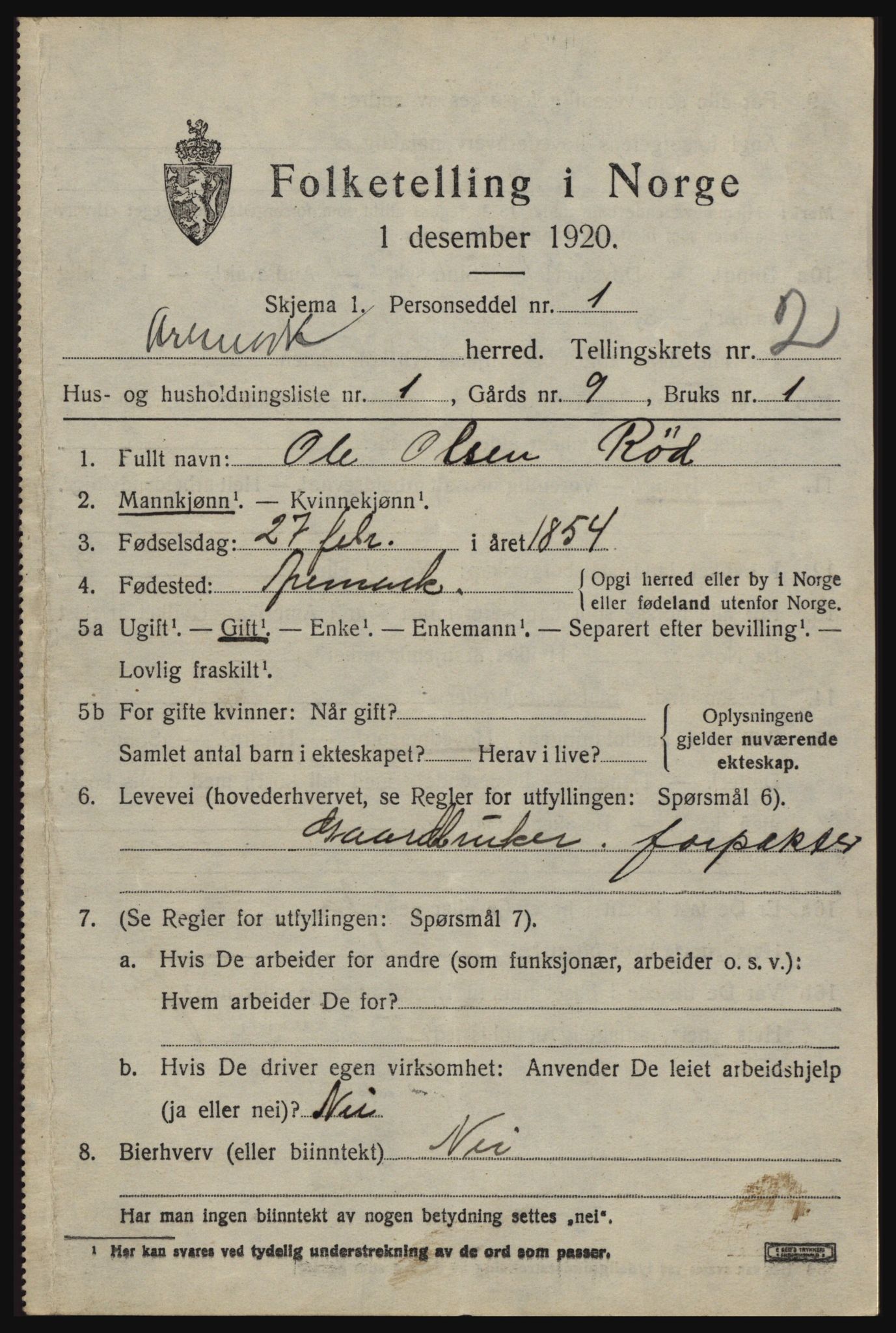 SAO, 1920 census for Aremark, 1920, p. 1609