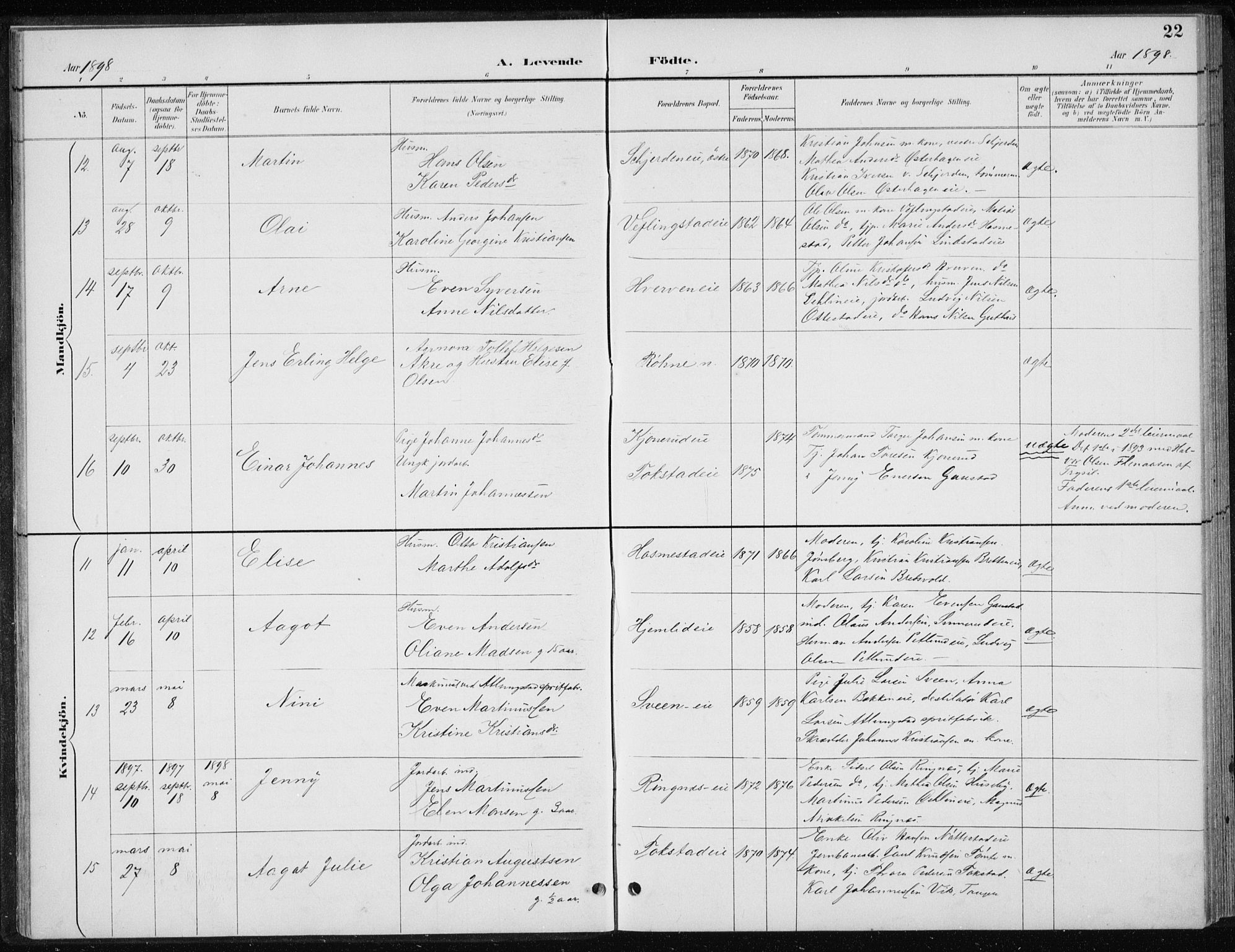 Stange prestekontor, AV/SAH-PREST-002/L/L0010: Parish register (copy) no. 10, 1894-1905, p. 22