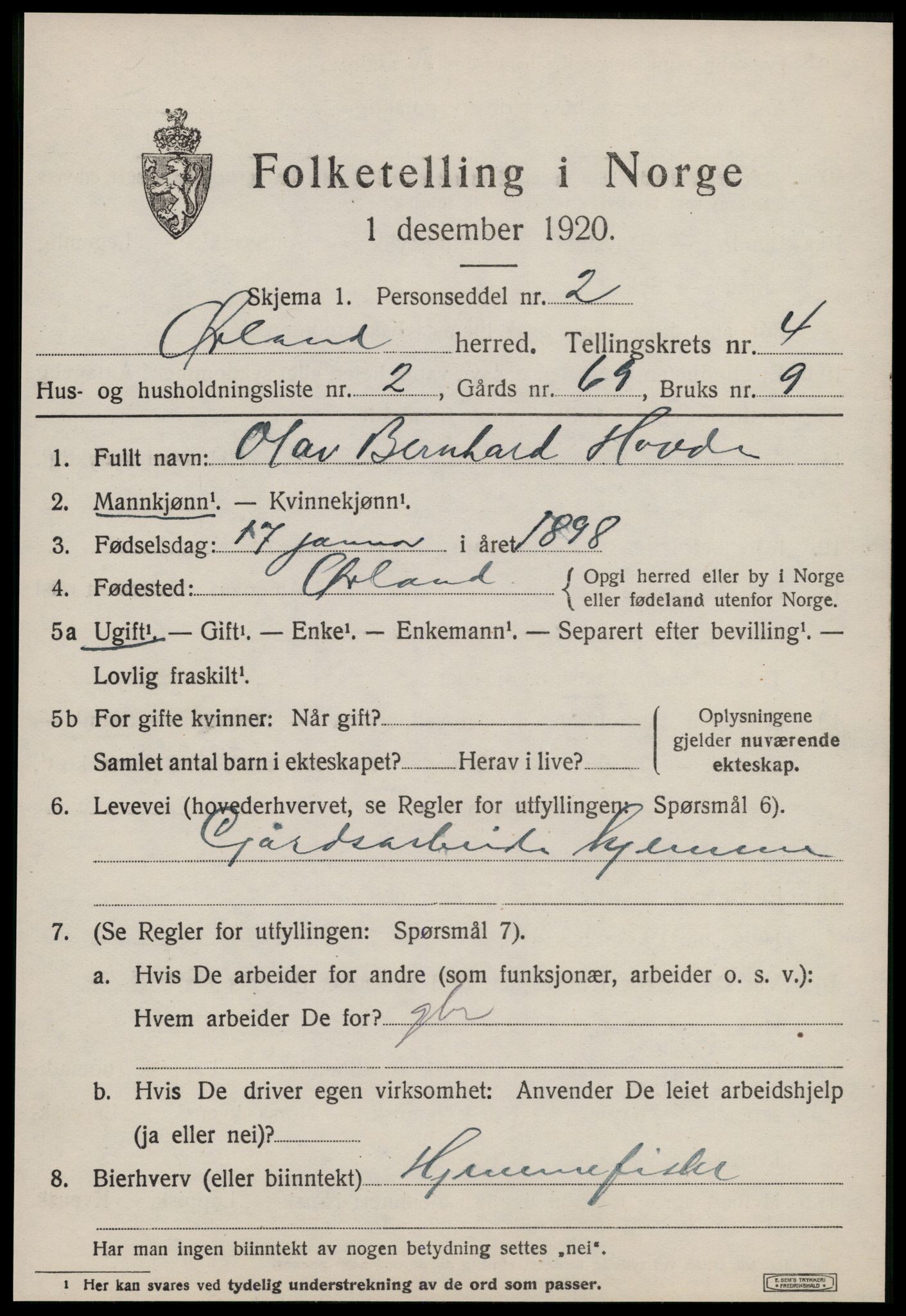 SAT, 1920 census for Ørland, 1920, p. 3399